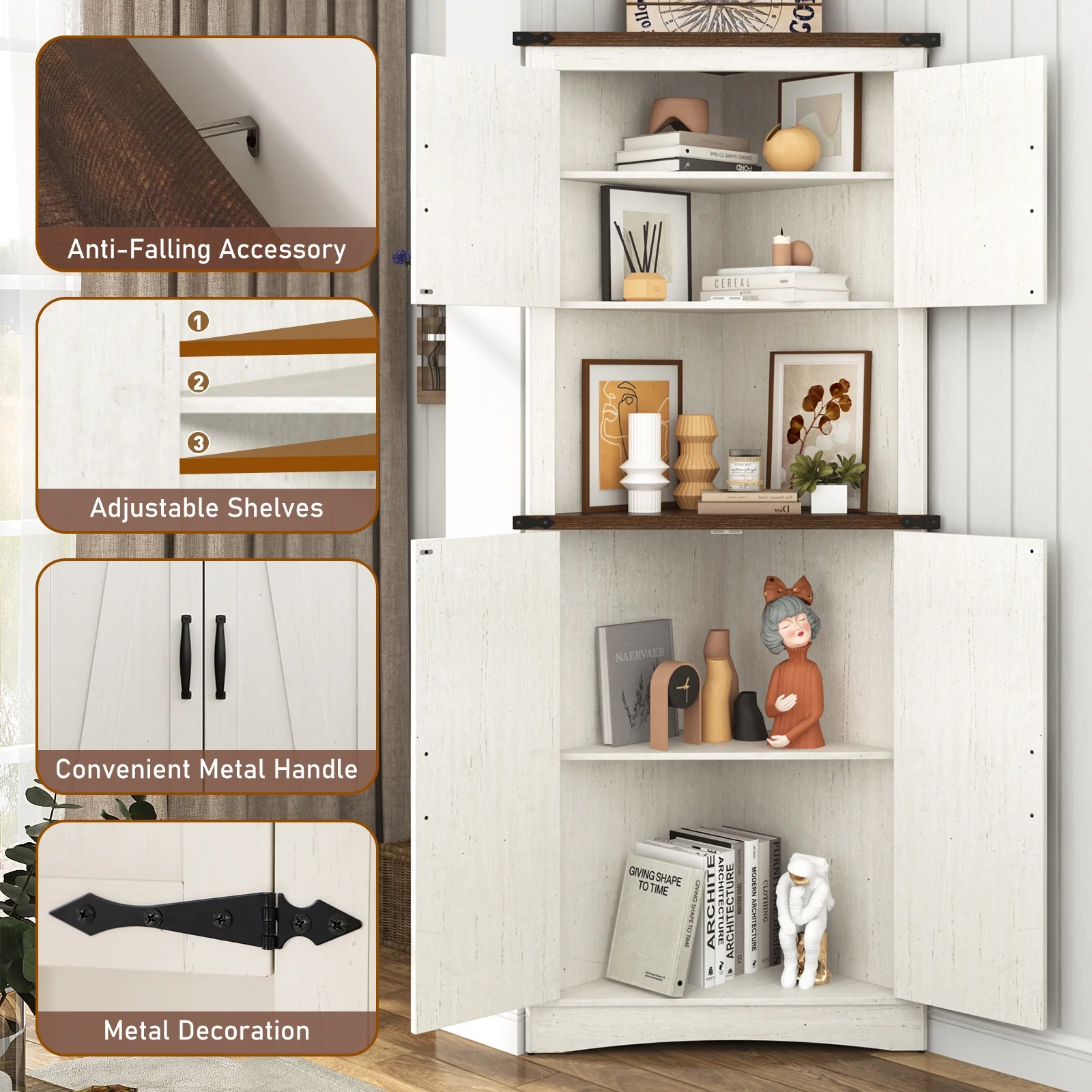 Blotout 68" Tall Farmhouse Corner Cabinet with 4 Doors, 28.3" W Barn Door Storage Cabinet with Adjustable Shelves, 5 Tier Corner Storage Cabinet for Bathroom,Living Room,Kitchen - Image 7