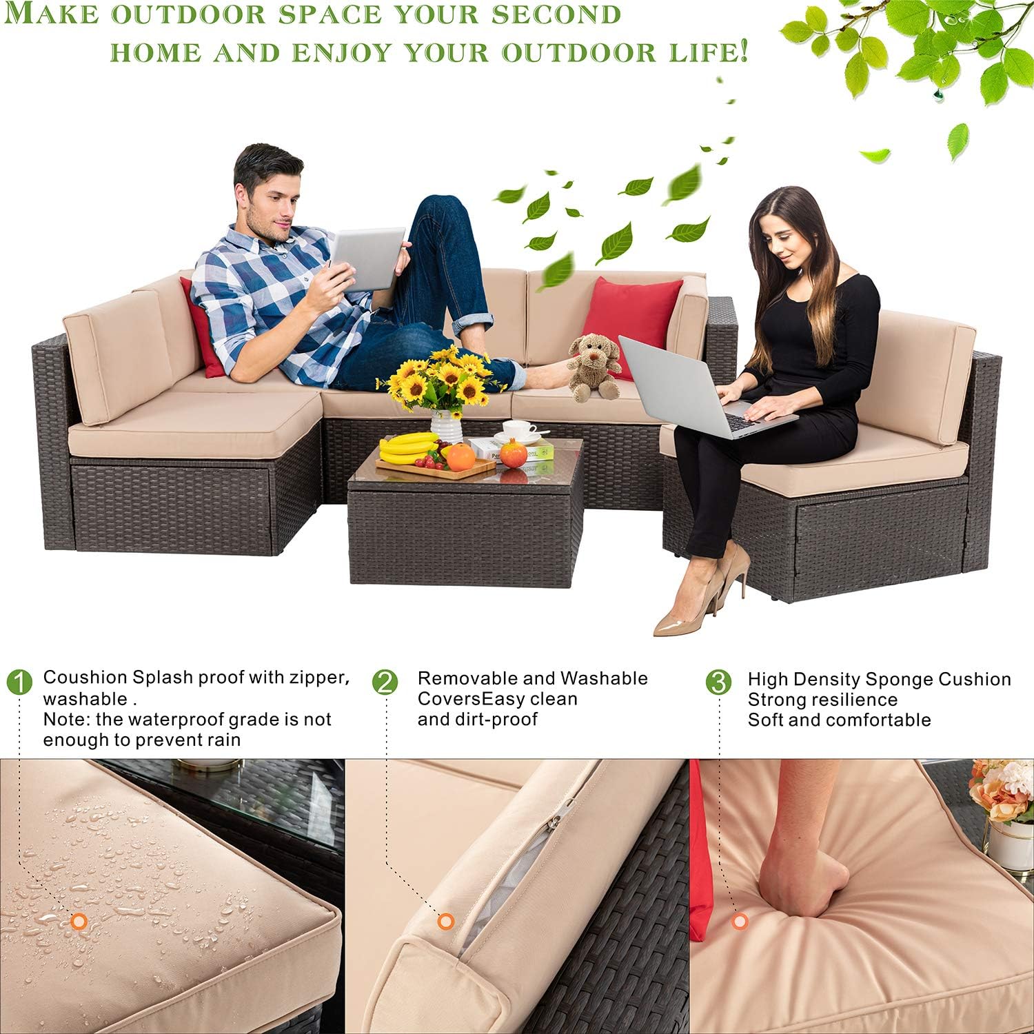 5-Piece All-Weather Patio Furniture Set with Ottoman, Outdoor Wicker Conversation Sofa Set with Cushions for Garden, Deck & Backyard - Image 31