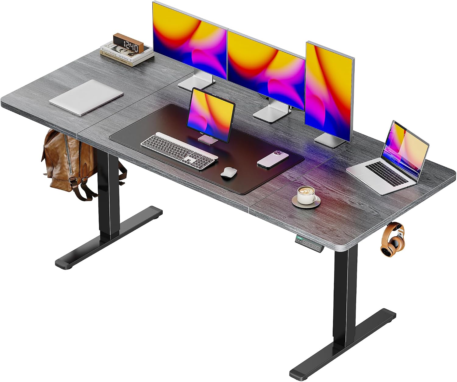 55 x 28 Large Electric Standing Desk, Height Adjustable Computer Desk, 27.6" Deep Desktop, Stand up Gaming Office Desk with 2 Hooks, 3 Preset Heights, for Home Office, Rustic Brown - Image 2