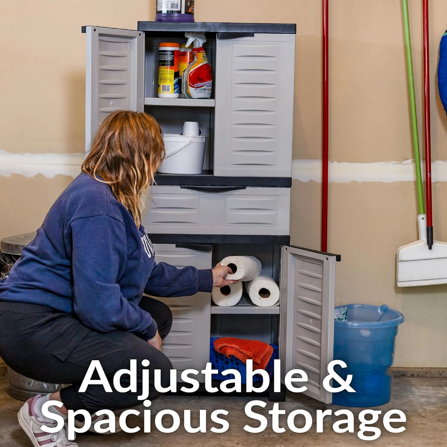 Plastic Garage Storage Cabinet with 2 Adjustable Shelves - 57" H - Garage, Office, Home, Laundry Room - Gray with Charcoal Trim - Image 4
