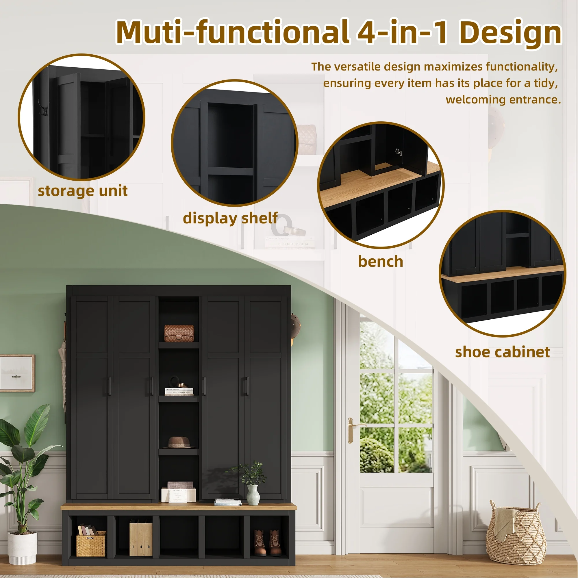 Euroco Modern Farmhouse Hall Tree -C 4-in-1 Entryway Bench with Cabinets, Hooks & Shoe Storage, Wood-Grain Finish, Handles, Anti-Tip Safety - Image 4