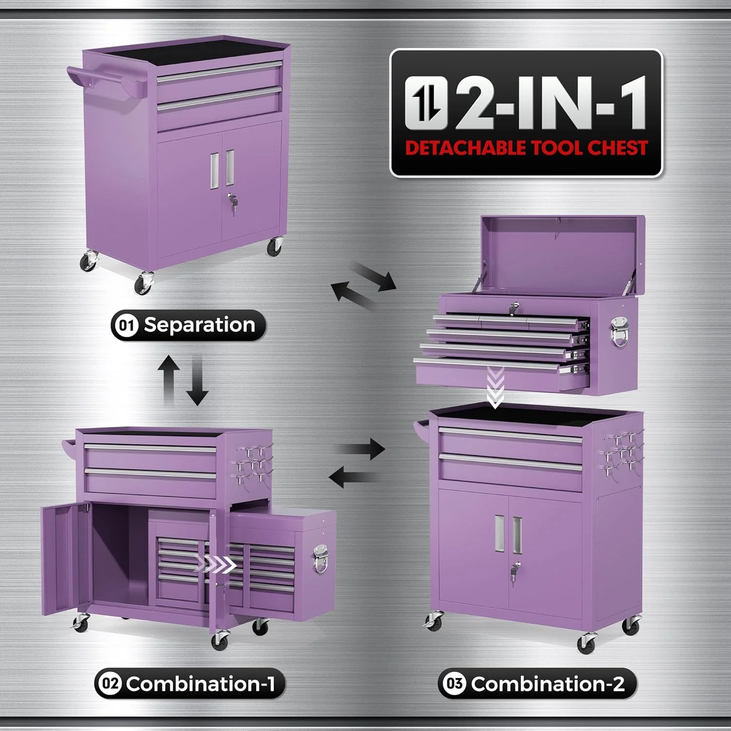 SUNCROWN 2-IN-1 Tool Chest, 8-Drawer Rolling Tool Chest with Hooks and Lockable Wheels,Metal Storage Detachable Top Tool Box with Lockable Wheels for Garage, Workshop, Art Studio(Black) - Image 71