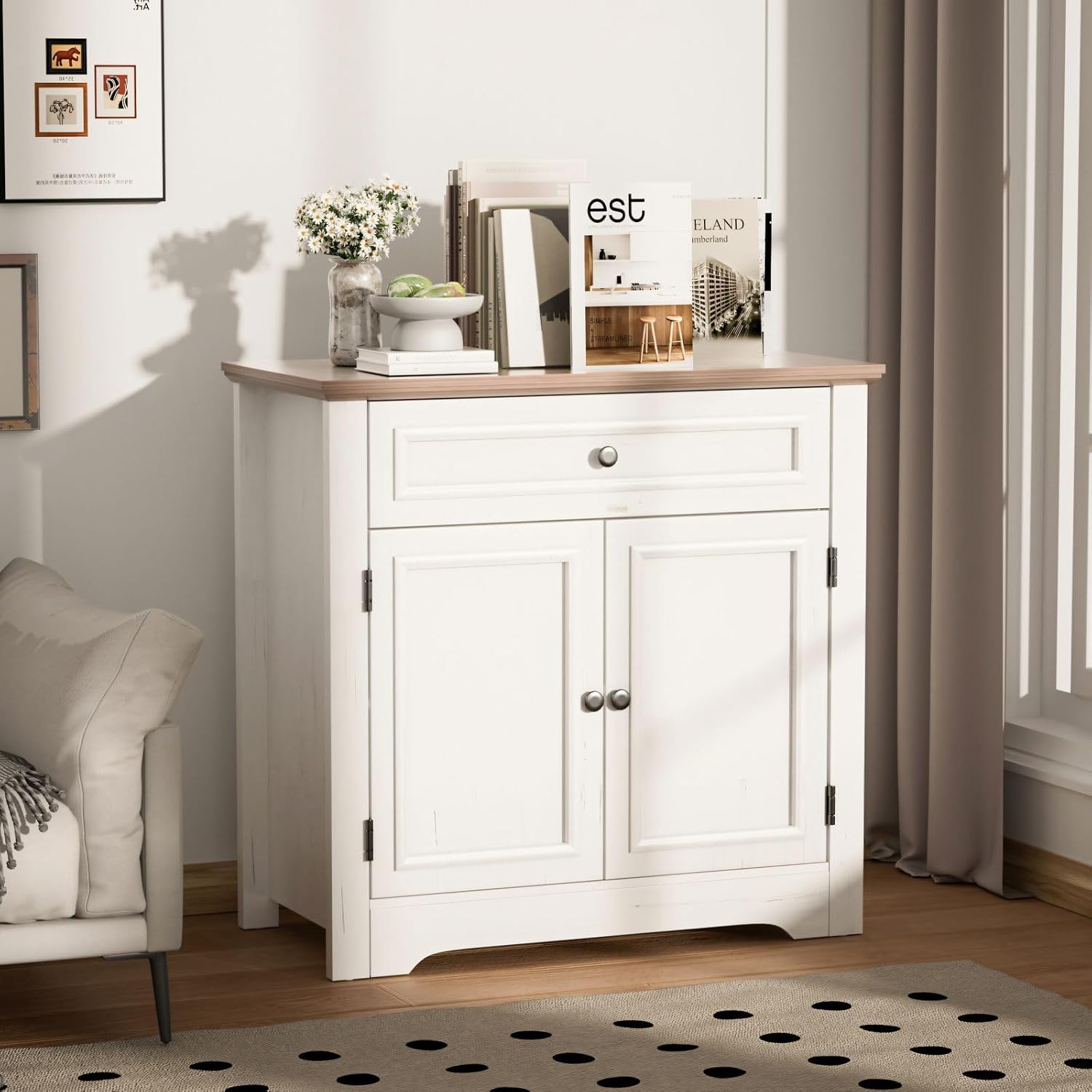Buffet Cabinet with Storage and Drawer,Sideboard Coffee Bar with Adjustable Shelves and Doors, White Accent Cabinet Credenza Console Organizer Modern Coffee Bar for Kitchen Dining Room Living Room