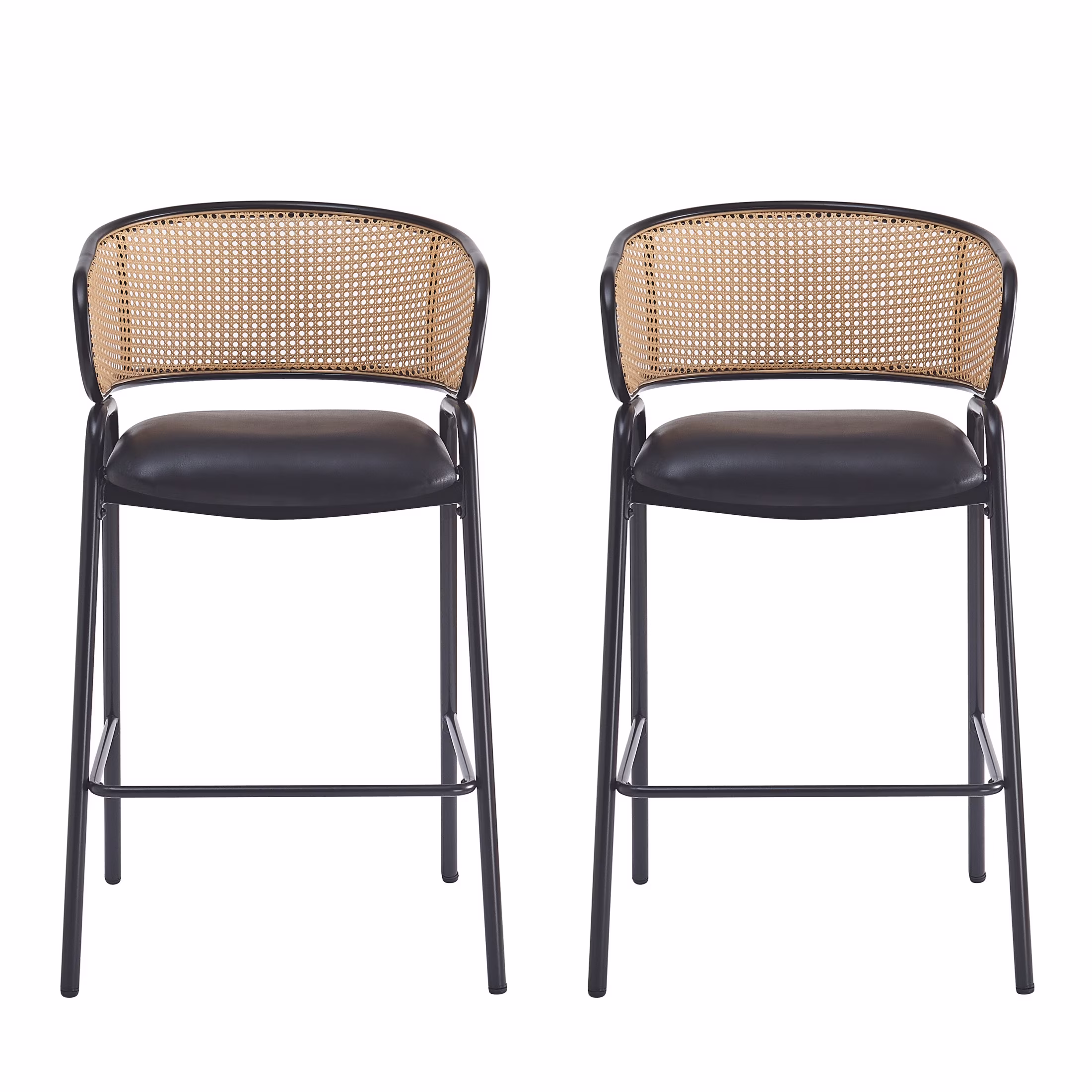 Christopher Knight Home 29.5" PU Upholstered Bar Stool with Woven Rattan Backrest & Iron Frame, Black, Set of 2