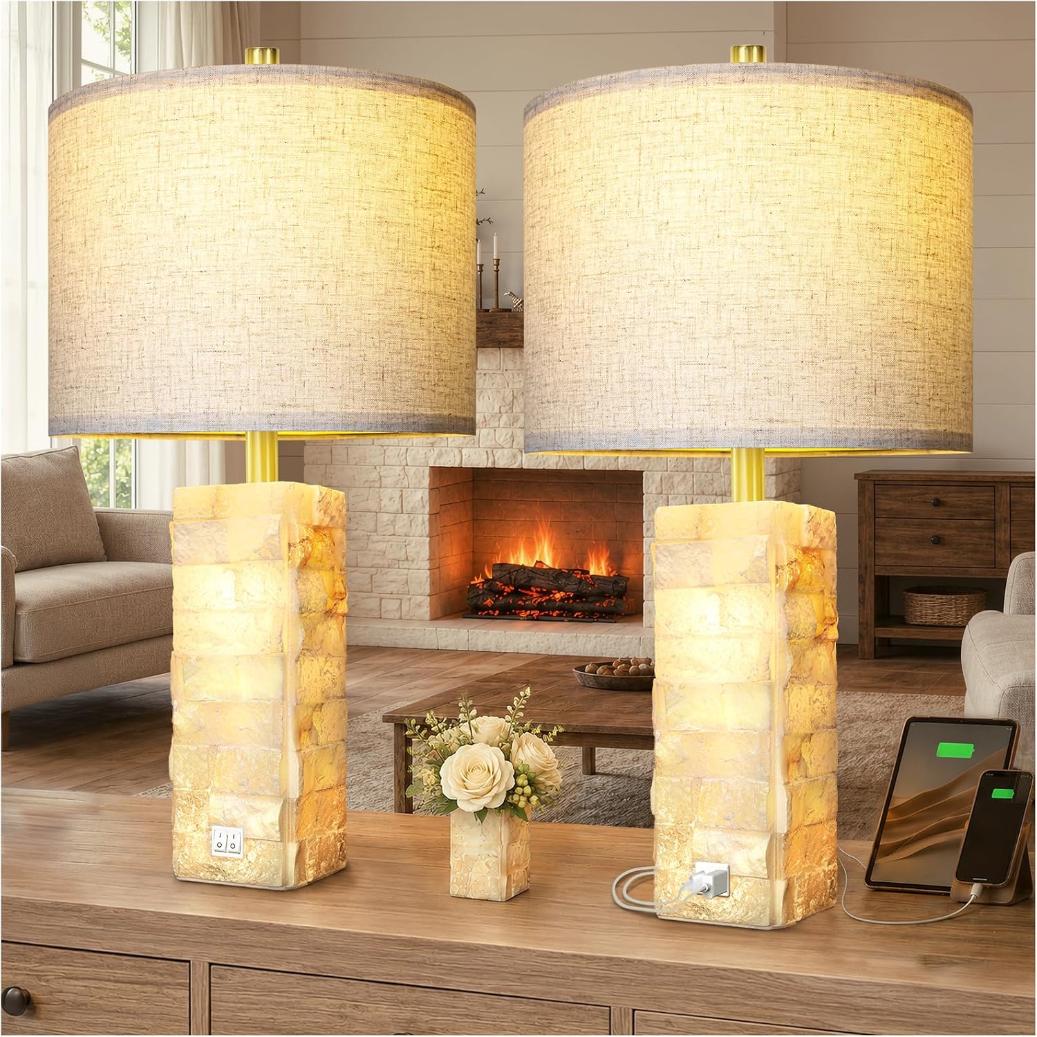 Alabaster Table Lamps with Night Light, Bedside Lamp with USB A+C - Image 2