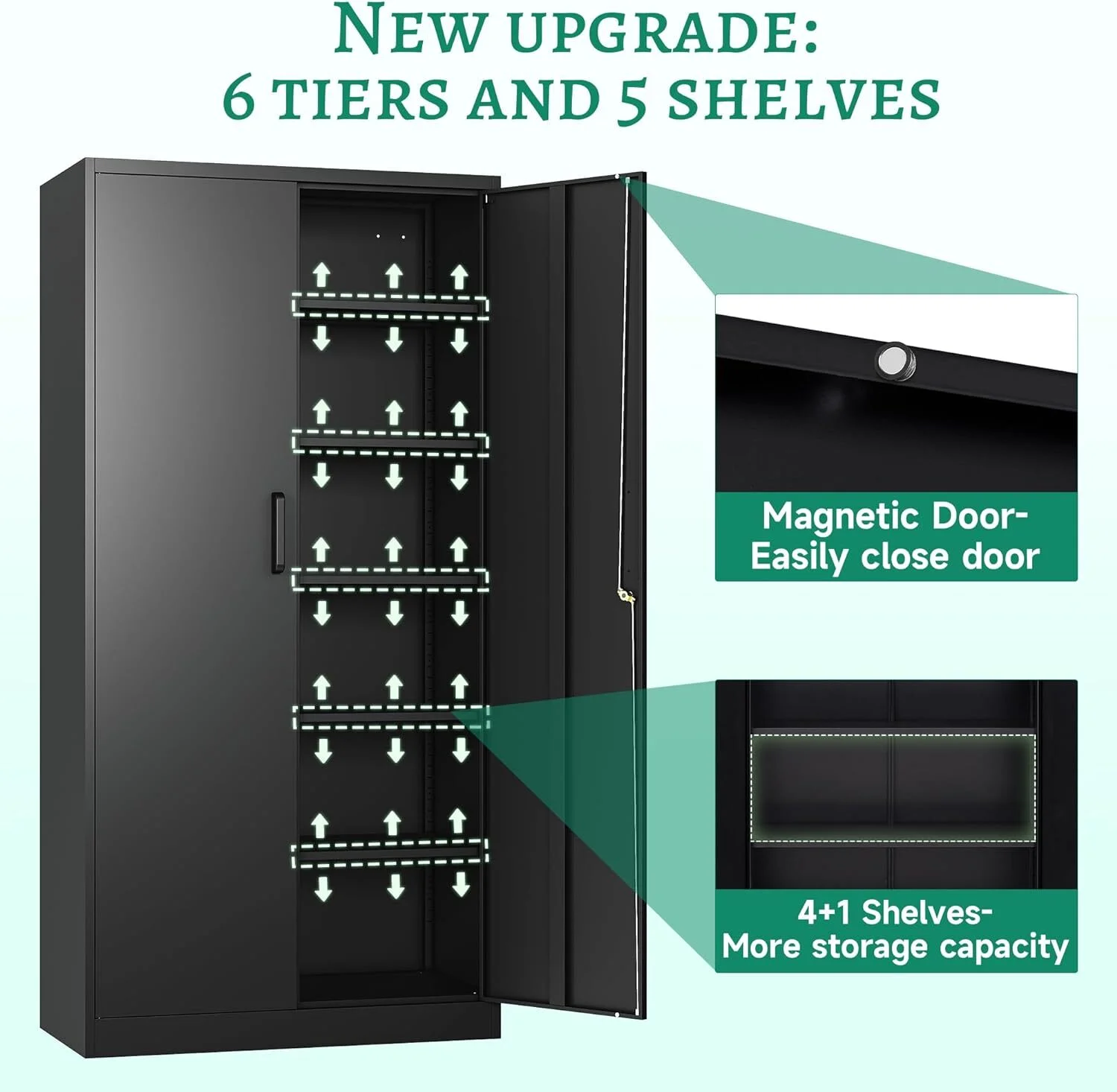 CQAOE 71" Metal Storage Cabinet with Lock, 5 Adjustable Shelves and 2 Doors, Steel Utility Cabinet for Garage, Office, Home, Gym, or School - Black - Image 6