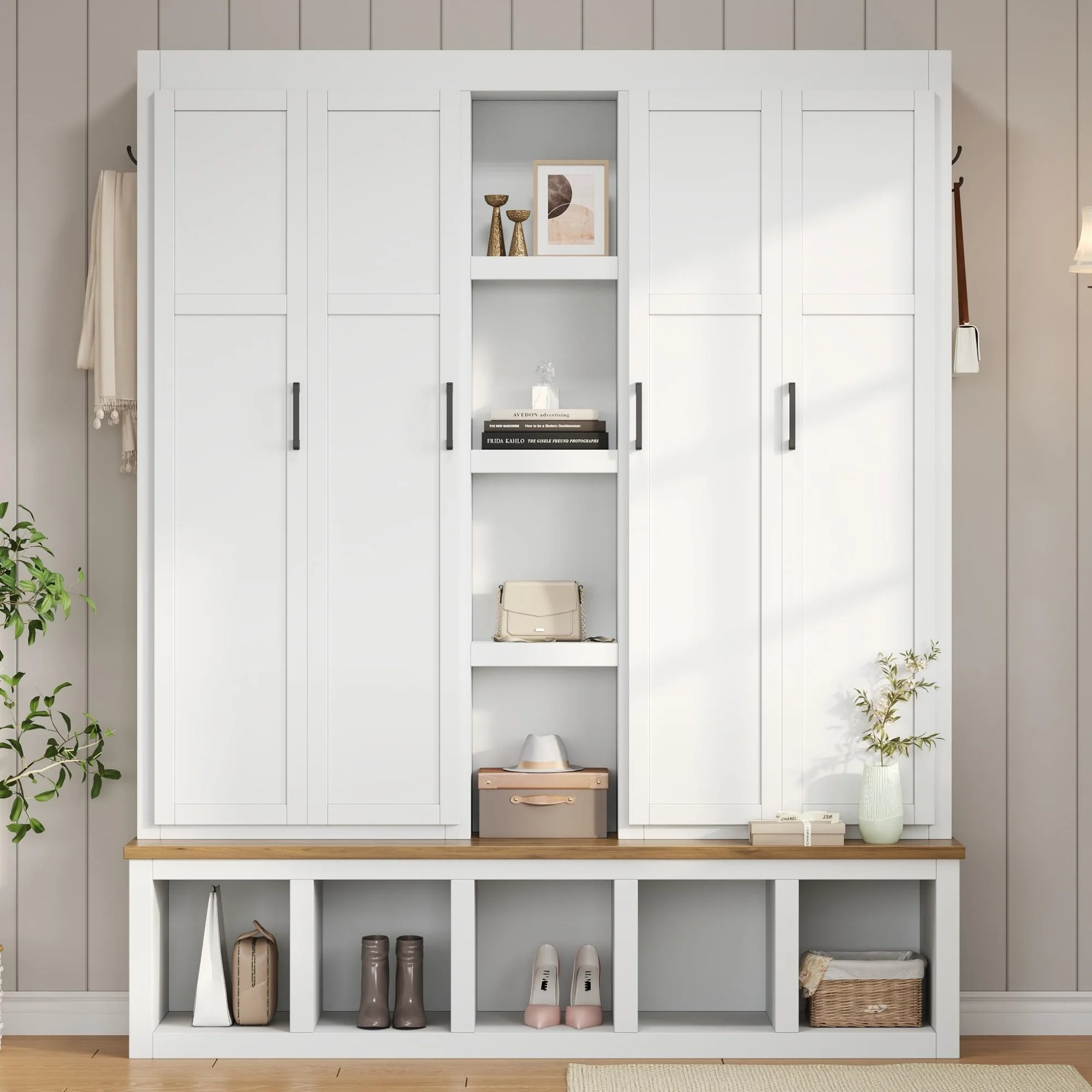 Euroco Modern Farmhouse Hall Tree -C 4-in-1 Entryway Bench with Cabinets, Hooks & Shoe Storage, Wood-Grain Finish, Handles, Anti-Tip Safety - Image 20