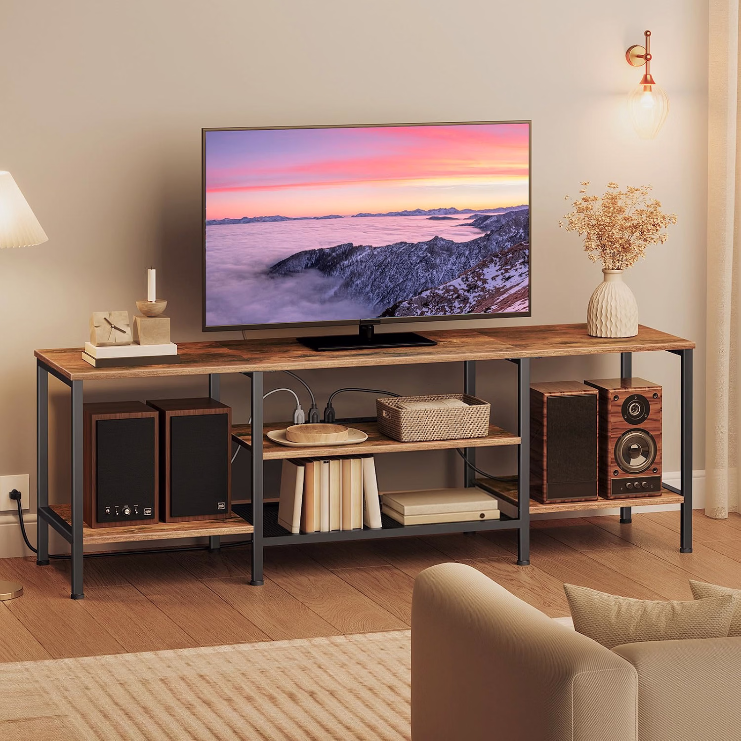 TV Stand with Power Outlets to 75 Inches, TV Console Table with Open Storage Shelves Cabinet, Industrial Media Entertainment Center for Living Room Bedroom, Rustic Brown and Black BF80DS01