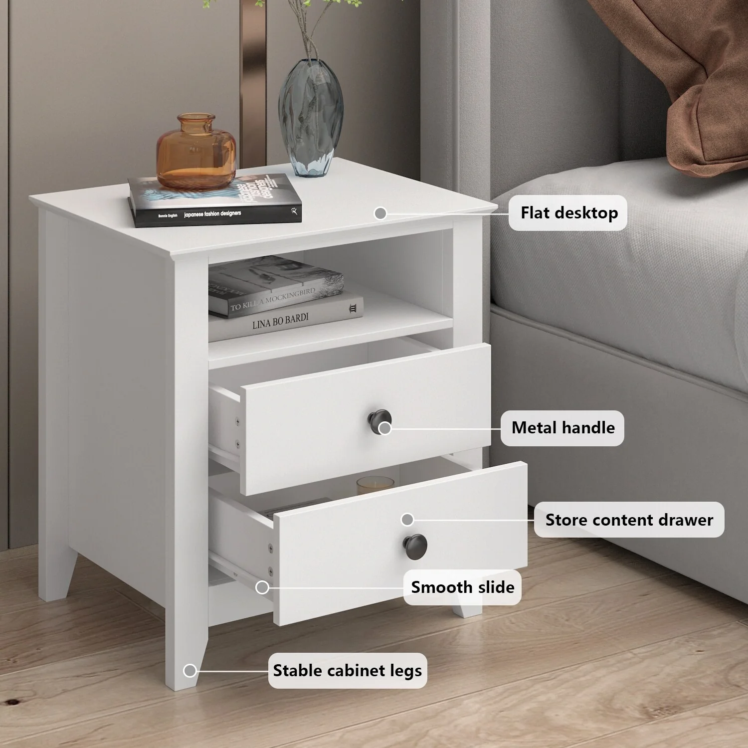 21.7 Inch Tall White Nightstand, 2 Drawers and 1 Open Shelf Bedside End Table - Image 4
