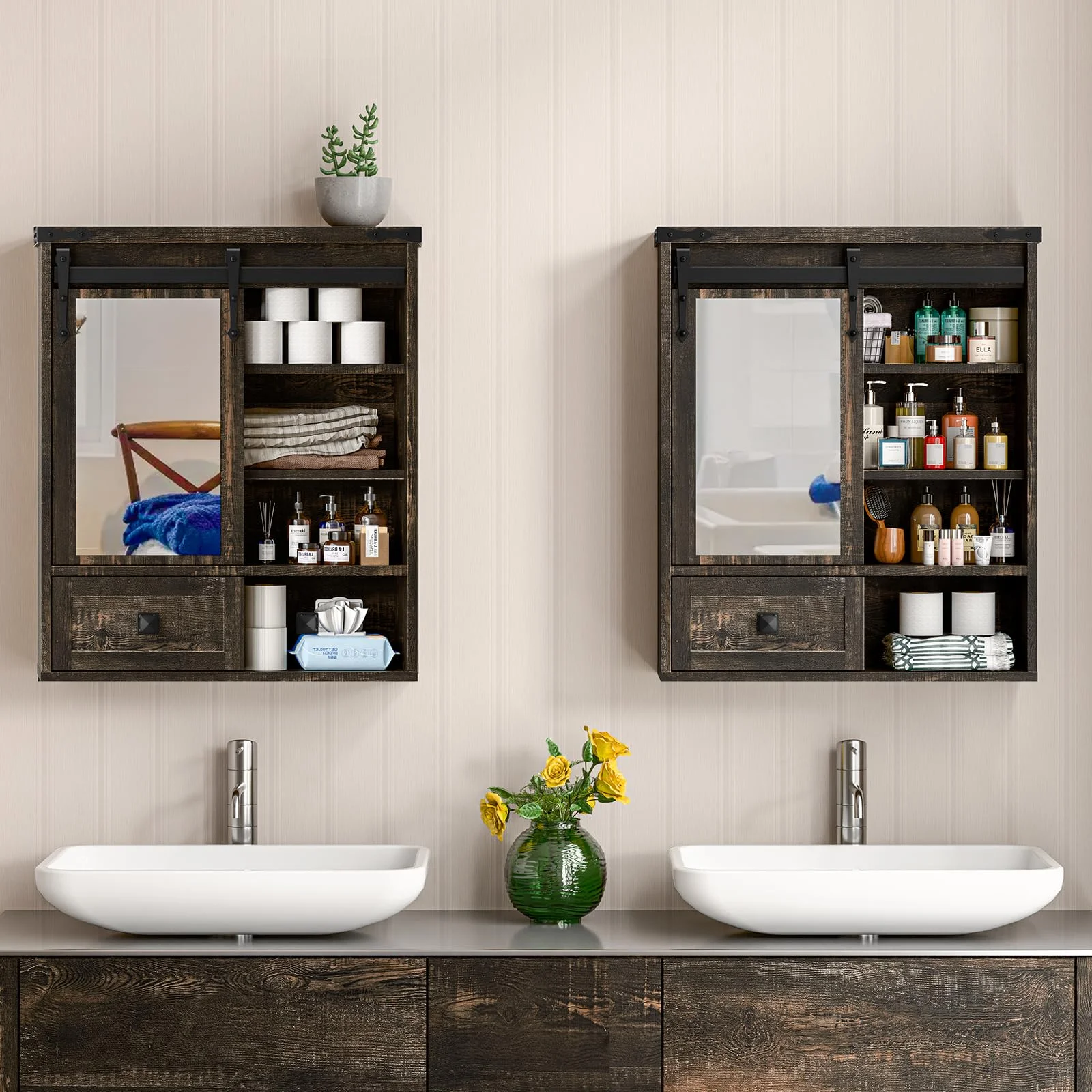 Vabches Farmhouse Bathroom Wall Storage Cabinet with Sliding Mirror Door, Adjustable Shelves, Over The Toilet Storage, Dark Rustic Oak - Image 2