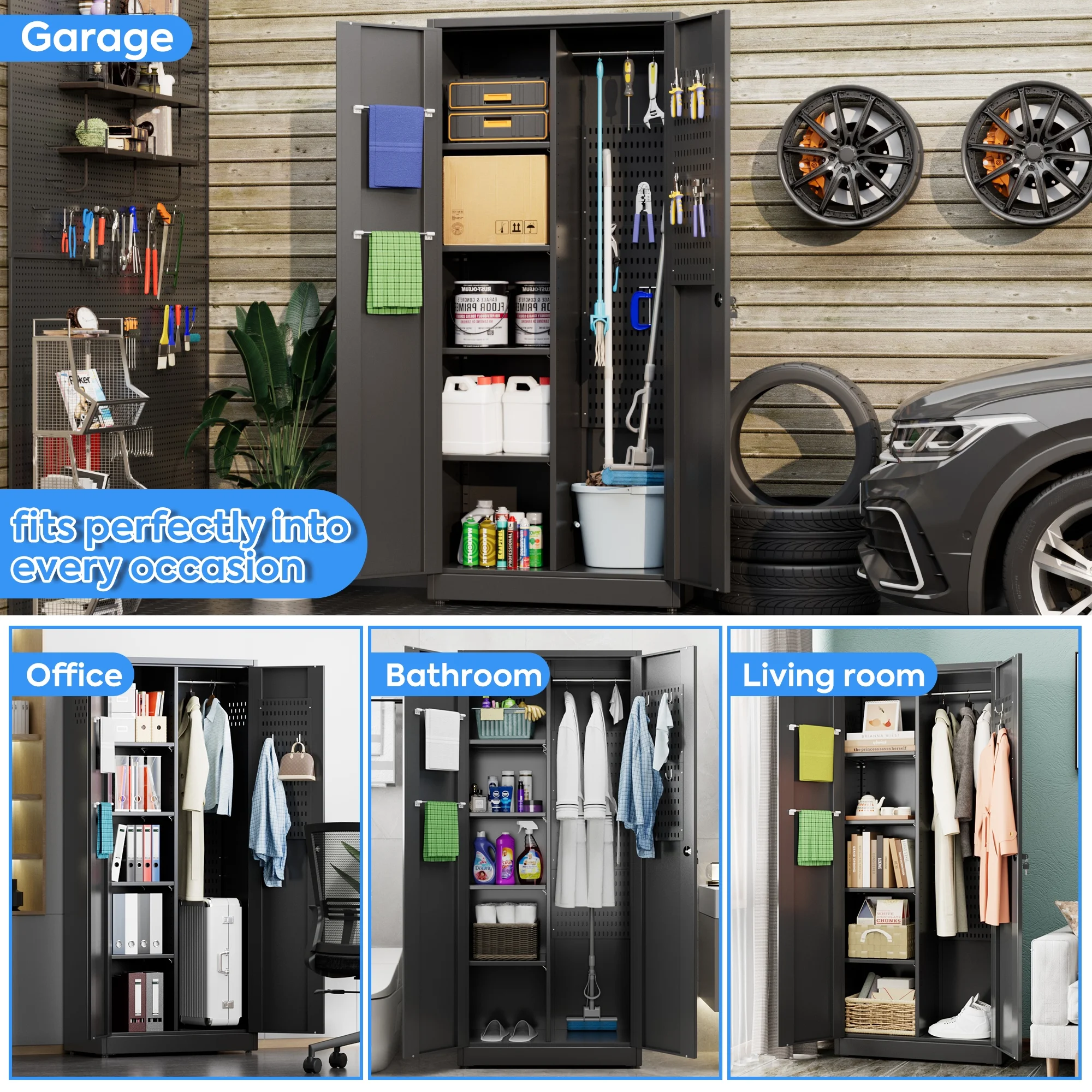 GAEANET 2 Door Metal Storage Cabinet with 5 Adjustable Shelves &Pegboard, 71" H-32" W-16" D Locking Steel Garage Cabinet, for Garage,Office,Home,Gym,School, File Cabinet,Assembly Required, Black - Image 44
