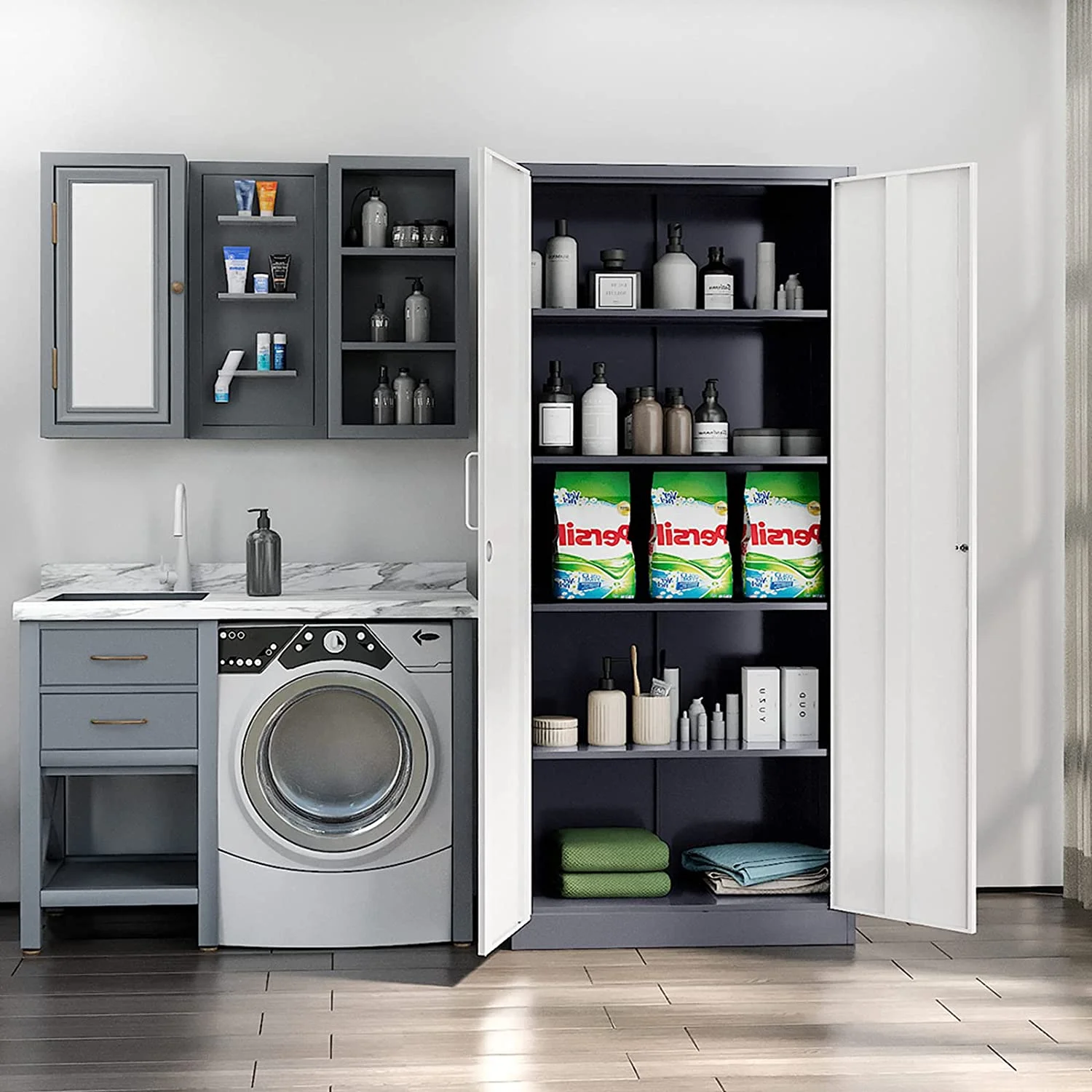 MIIIKO Metal Storage Cabinet with Locking Doors, Black Garage Lockable Steel Cabinets with 4 Doors and 5 Shelves for Home, Garage, Pantry Workshop Warehouse - Image 19