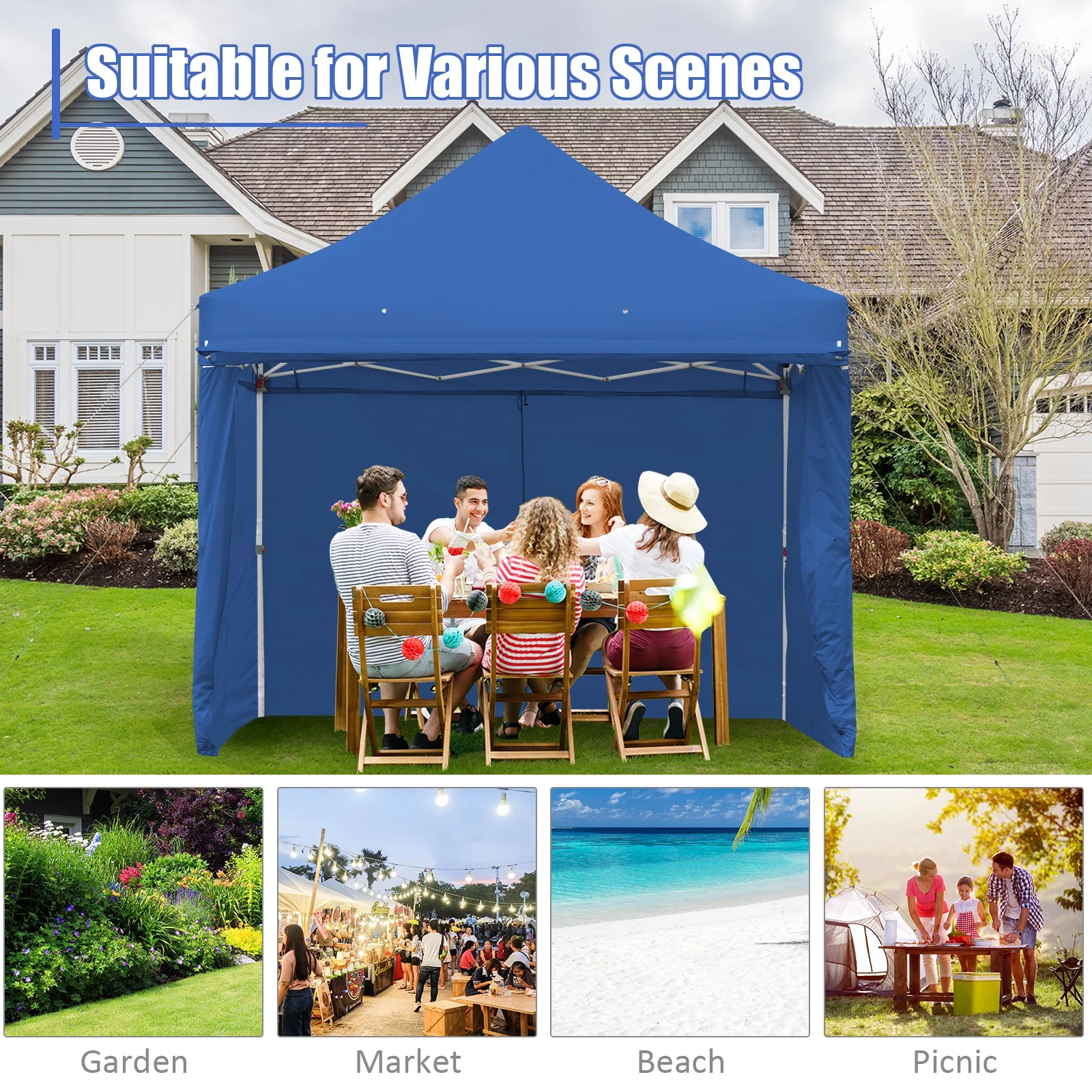 Patiojoy 10x10ft Pop up Tent, 4 Height Adjustment Folding Camping Tent with Awning Blue - Image 10