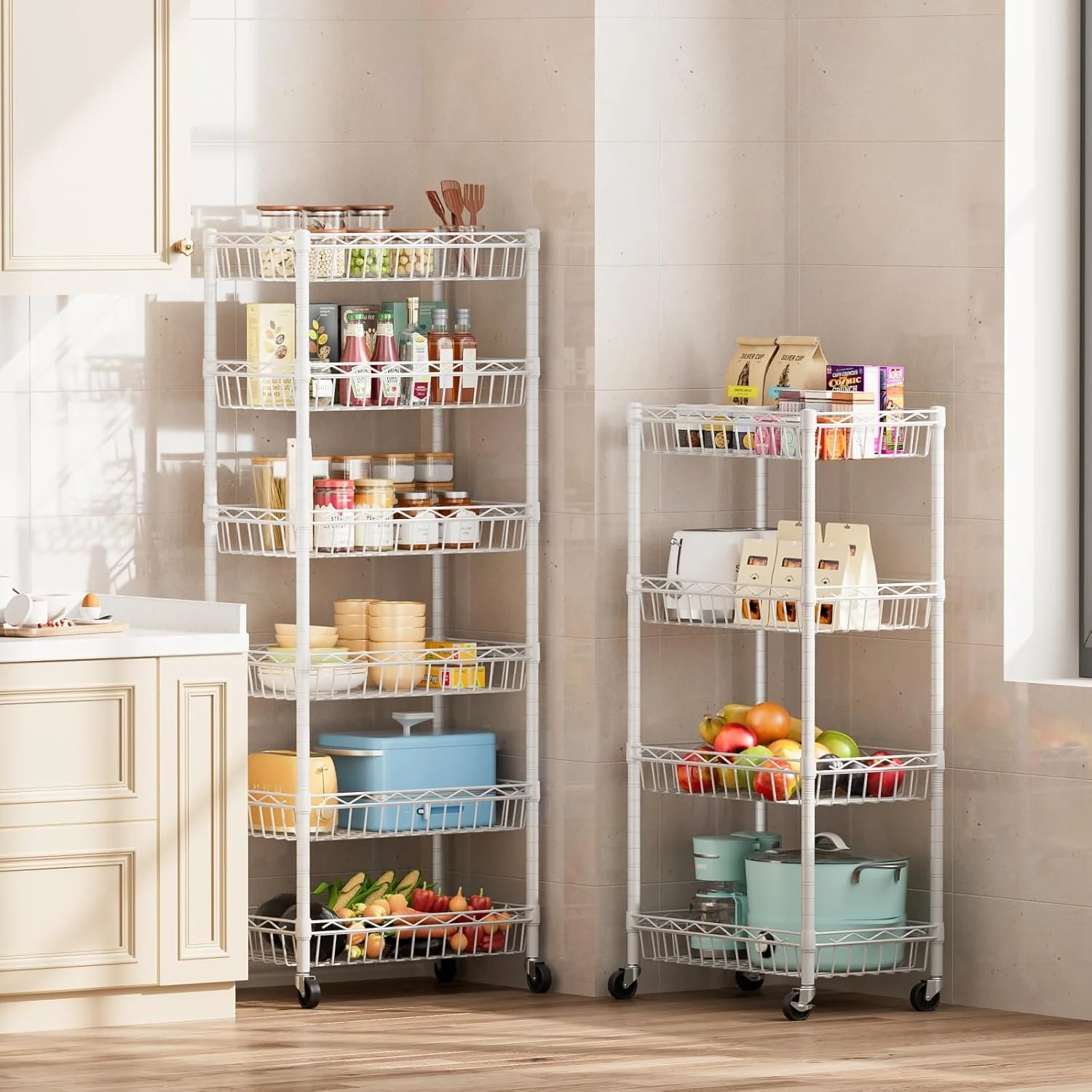 6 Tier Wire Shelving Unit with Wheels Baskets Storage Rack Corner Shelves Adjustable Shelf Closet Bathroom Organizers Metal Pantry Kitchen Garage Laundry Room 13.5" D x 13.5" W x 63" H Silver - Image 26