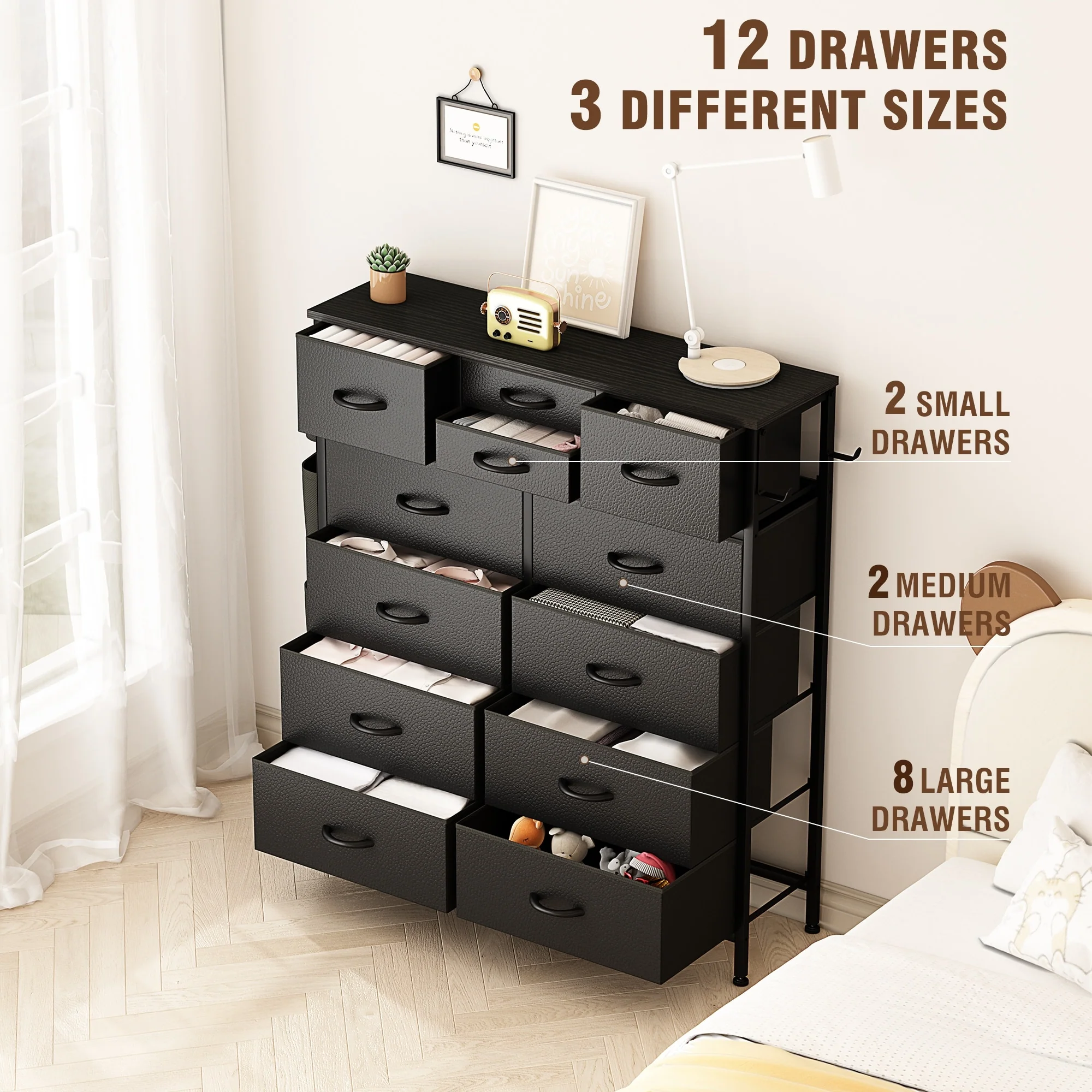 12 Drawer Fabric Dresser, Tall Bedroom Chest of Drawers with Storage - Image 9