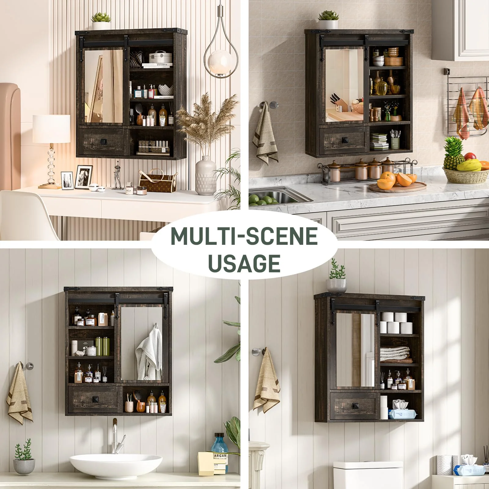 Vabches Farmhouse Bathroom Wall Storage Cabinet with Sliding Mirror Door, Adjustable Shelves, Over The Toilet Storage, Dark Rustic Oak - Image 6