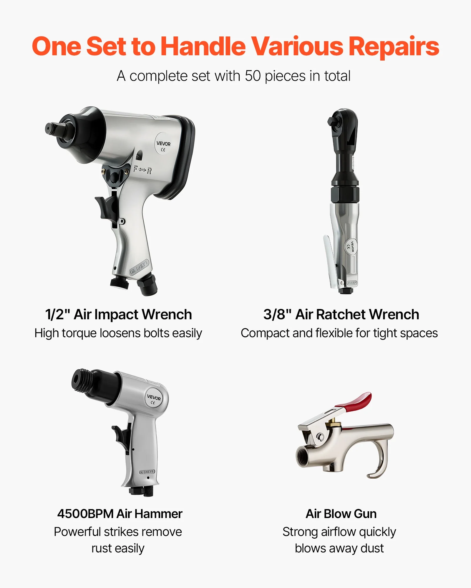 VEVOR 50 Pieces Pro Air Tool and Accessories Kit - 1/2" Air Impact Wrench, 3/8" Ratchet Wrench, 4500BPM Hammer, Blow Gun & Full Accessories for Auto Repairs, Home DIY Projects - with Storage Case - Image 2