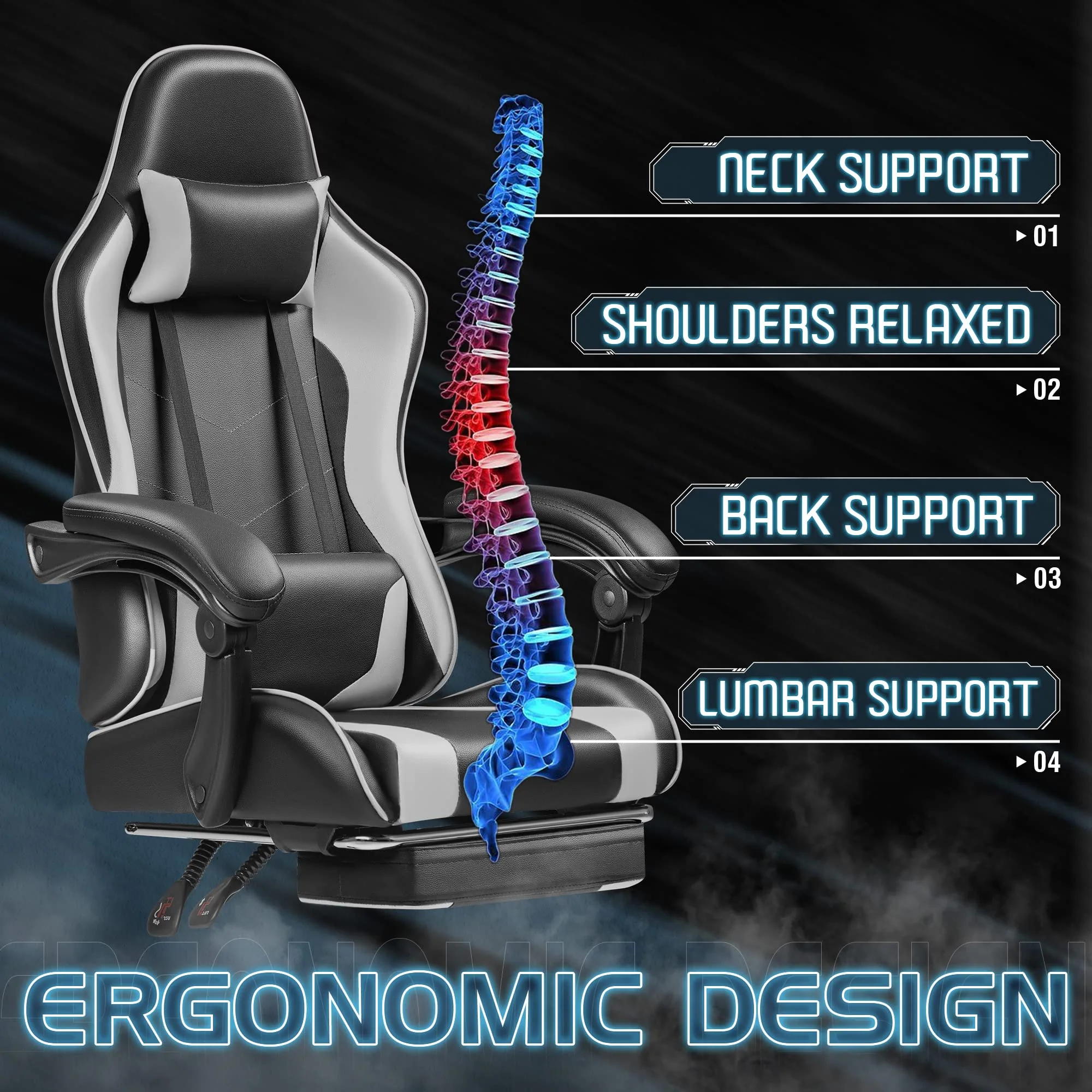 Ergonomic Gaming Chair with Footrest and Massage Support, Reclining Computer Chair for Gaming Room and Home Office - Image 4