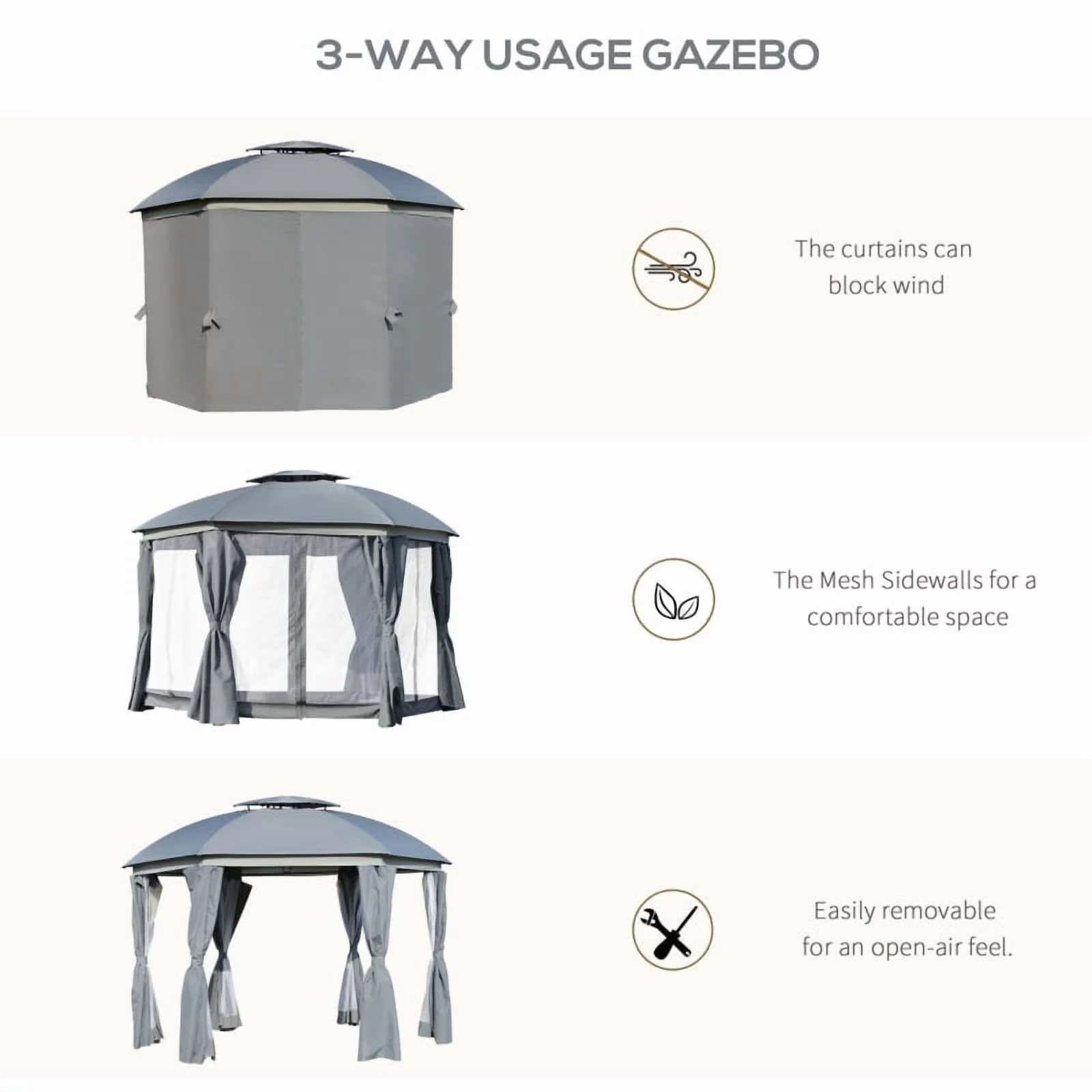 Outsunny 12' x 12' Round Outdoor Gazebo, Patio Dome Gazebo Canopy Shelter with Double Roof, Netting Sidewalls and Curtains, Zippered Doors, Strong Steel Frame, Grey On-Site - Image 3