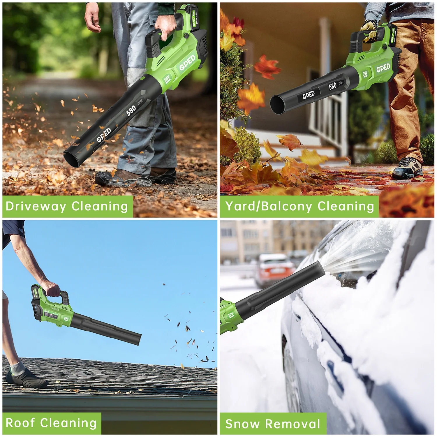 GPED Leaf Blower, 3 Speed Adjustment Electric Cordless Leaf Blower with 2 x 4.0Ah Batteries, Charger, Shoulder Strap, 580CFM/160MPH, Ideal for Patio Cleaning, Lawn Care, Blowing Leaves, Green - Image 8