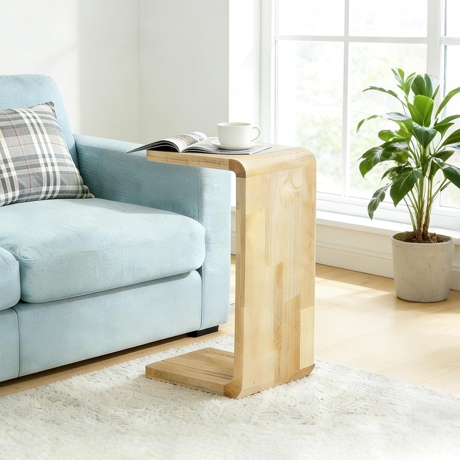 C Shaped End Table for Couch, Wooden C Table for Sofa, Walnut - Image 2