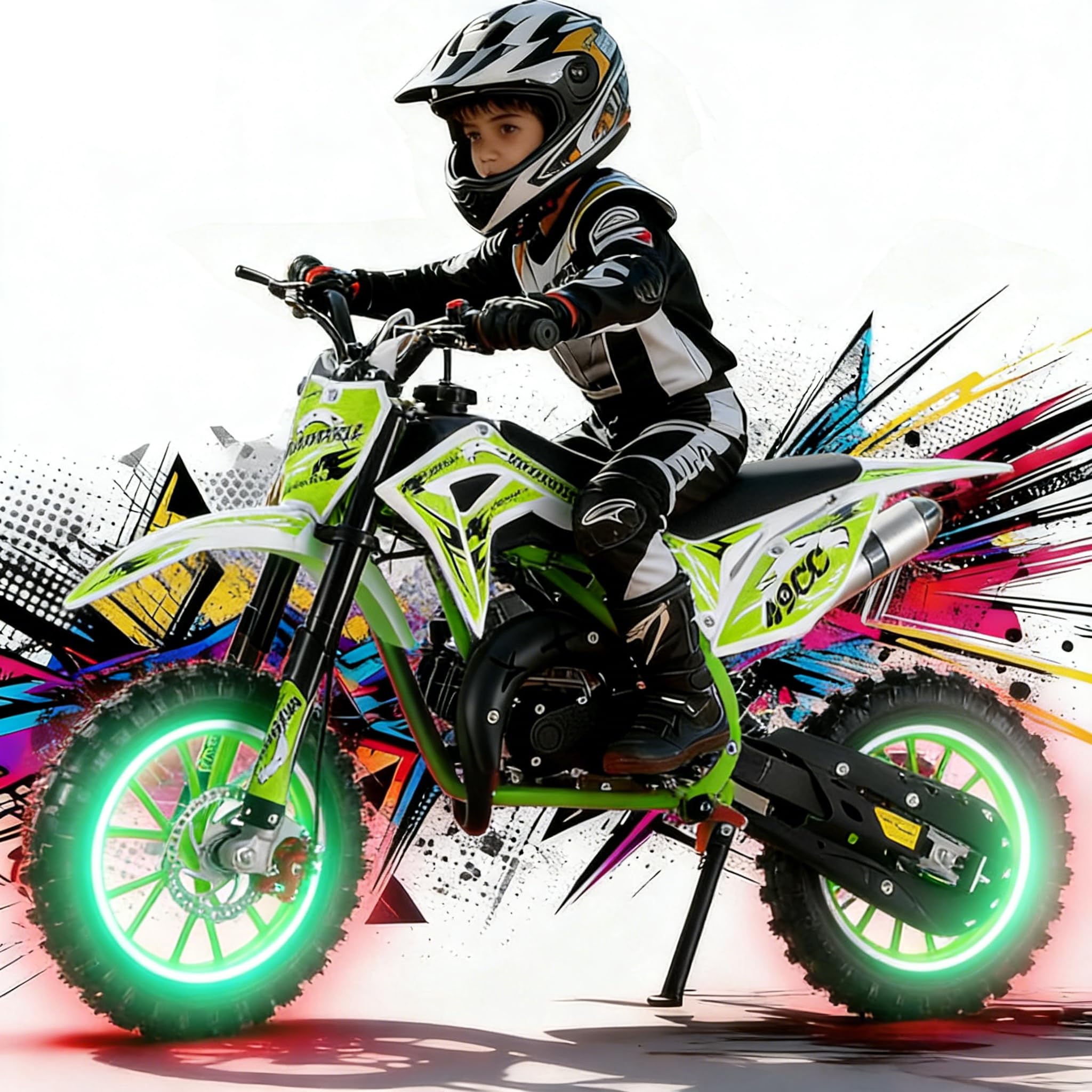 2026 Upgraded 50cc 2-Stroke Kids Dirt Bike Motocross, Pocket Gas Motorbike, Off Road Gas Power Mini Pocket Motorcycle with Front/Rear Disc Brakes, Scooter Bike Pocket, Dirtbike for Kids Green - Image 2