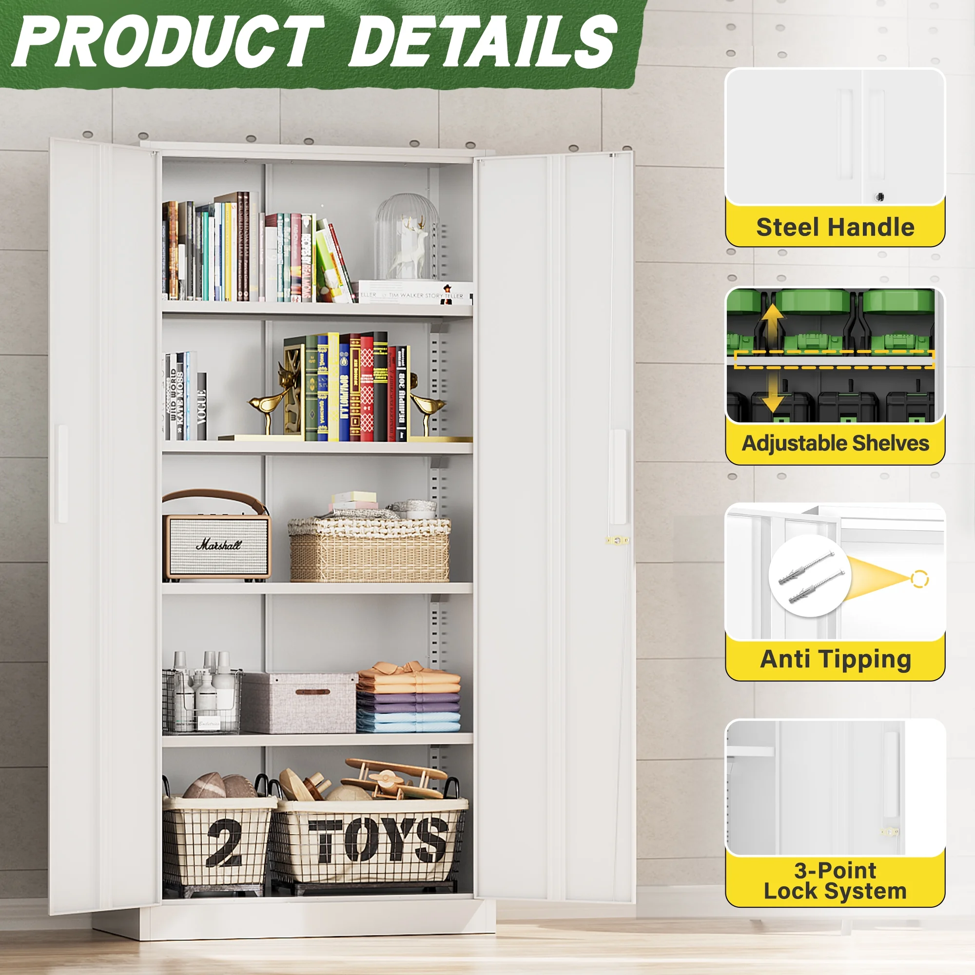 SOLAURA Metal Storage Cabinet with Wheels, 73" Garage Rolling Cabinet with Locking Door and 4 Shelves, Tool Cabinet on Caster for Home, Office, Black - Image 78