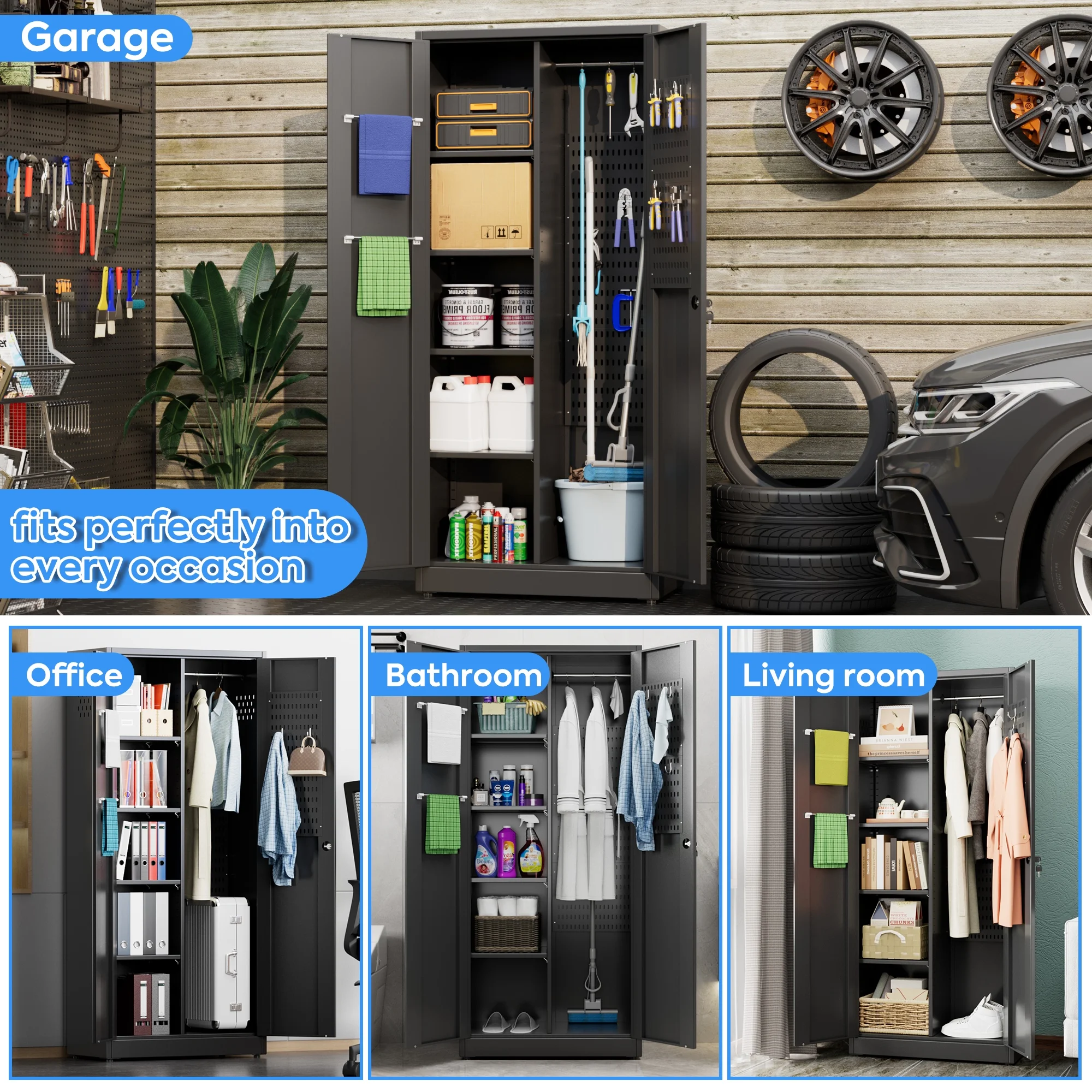 GAEANET 2 Door Metal Storage Cabinet with 5 Adjustable Shelves &Pegboard, 71" H-32" W-16" D Locking Steel Garage Cabinet, for Garage,Office,Home,Gym,School, File Cabinet,Assembly Required, Black - Image 39