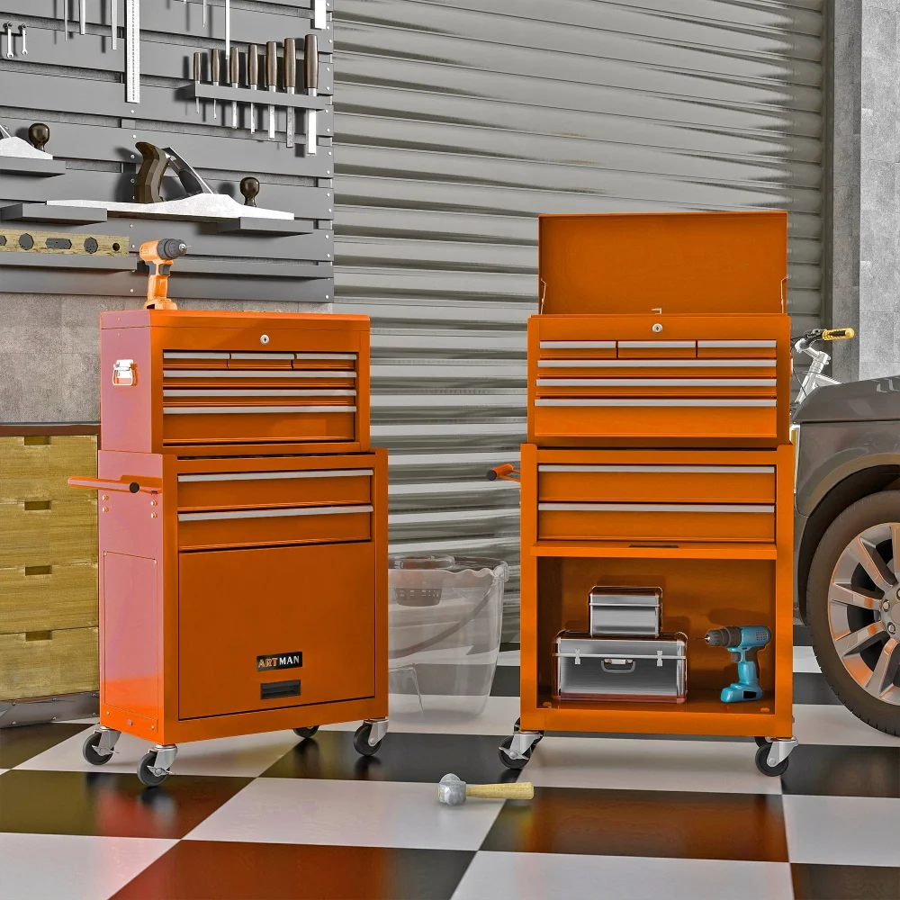8-Drawer Rolling Tool Chest with Wheels, Removable Tool Box with Locking System, Tool Box Organizer with Hooks, Large Capacity Garage Storage Cabinet for Warehouse, Garage, Repair Shop, Orange - Image 2