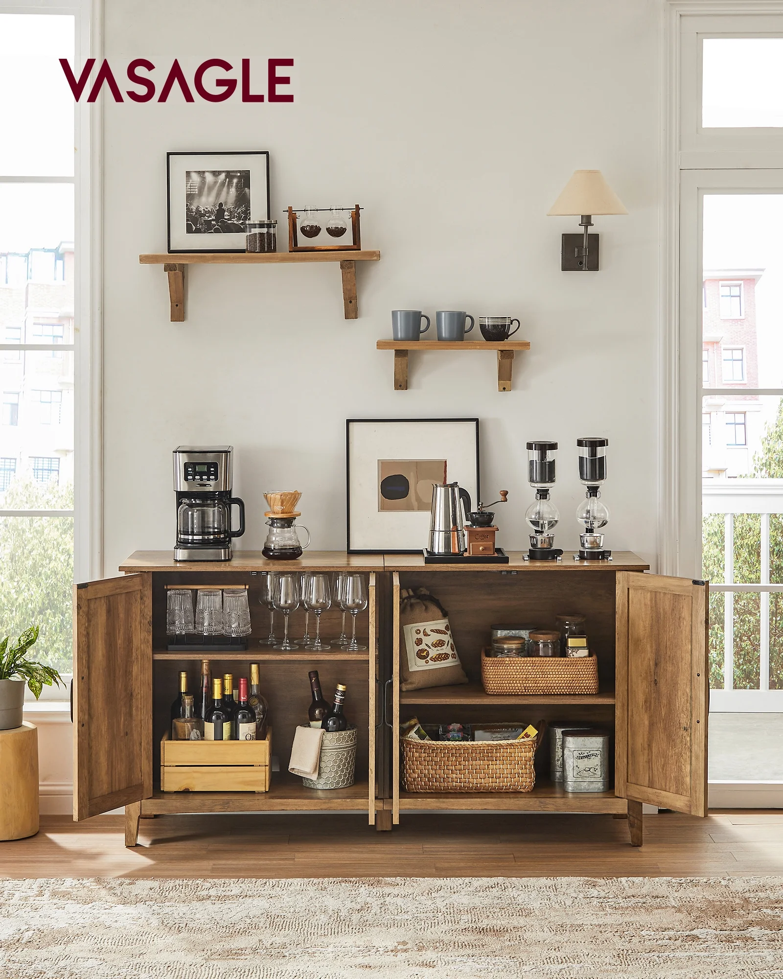 Buffet Cabinet Sideboard Storage Cabinet with Adjustable Shelves for Living Room Rustic Walnut - Image 4