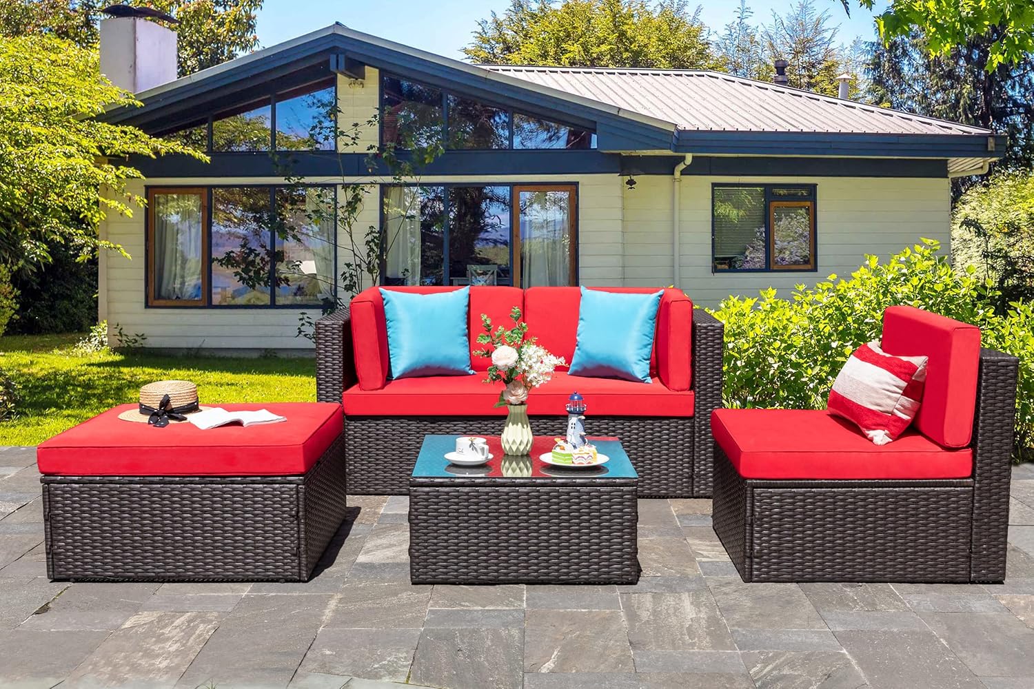 5-Piece All-Weather Patio Furniture Set with Ottoman, Outdoor Wicker Conversation Sofa Set with Cushions for Garden, Deck & Backyard - Image 5