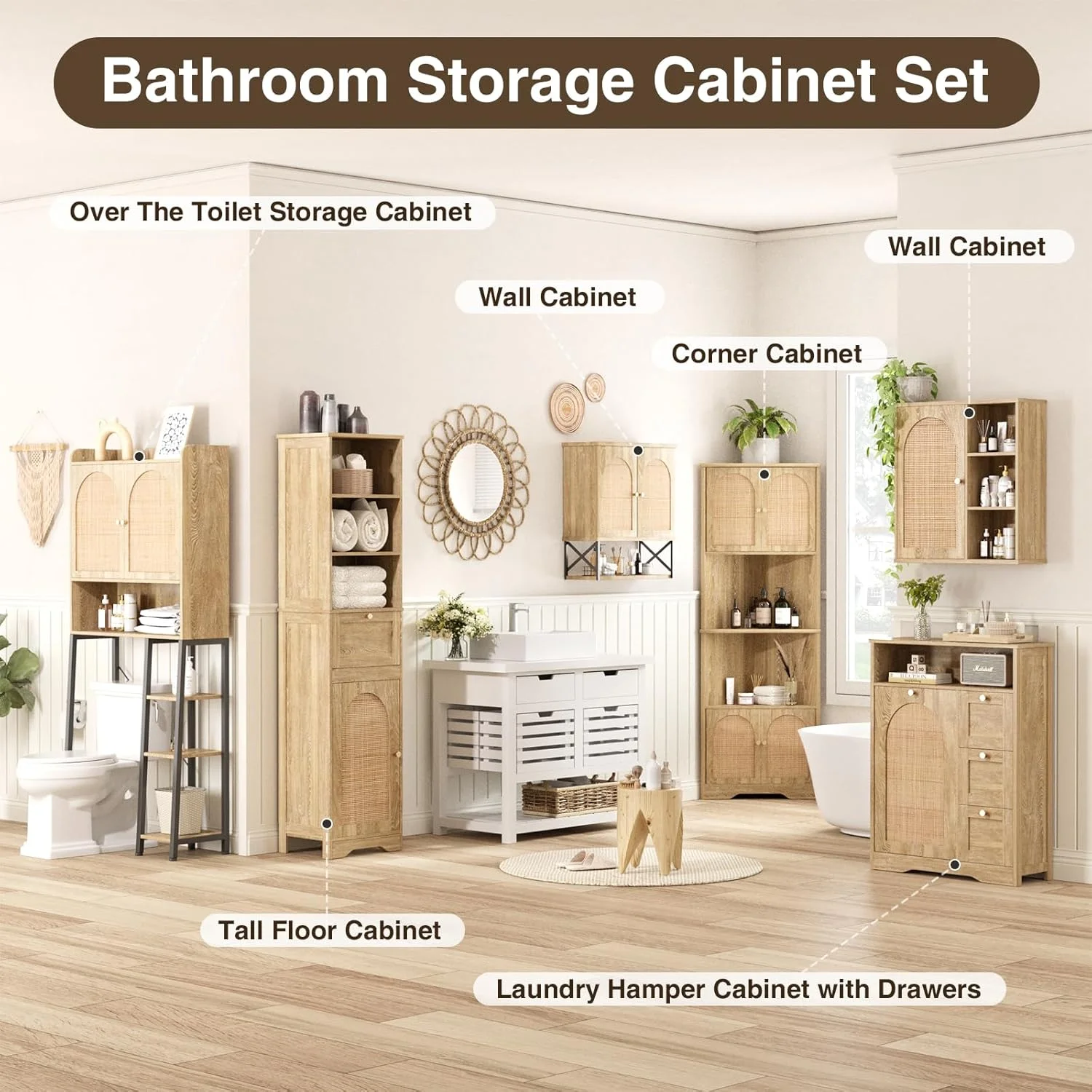 VEANERWOOD Rattan Bathroom Wall Storage Cabinet with Double Doors and Adjustable Shelves, Medicine Wall Storage Cabinet for Kitchen, Toilet, Bathroom - Image 5