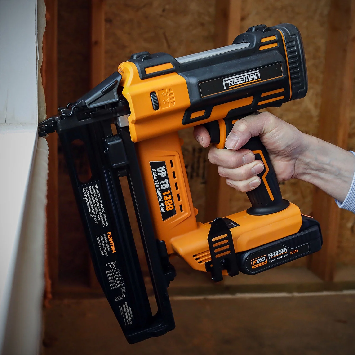 Freeman PE20VFN64 20 Volt Cordless 16-Gauge 2-1/2" Straight Finish Nailer Kit with Lithium Ion Battery, Charger, Bag, and Nails (200 Count) -C 1300 Shots per Charge - Image 7