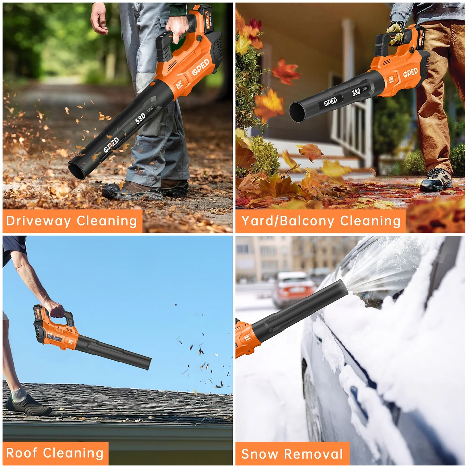 GPED Leaf Blower, 3 Speed Adjustment Electric Cordless Leaf Blower with 2 x 4.0Ah Batteries, Charger, Shoulder Strap, 580CFM/160MPH, Ideal for Patio Cleaning, Lawn Care, Blowing Leaves, Green - Image 14