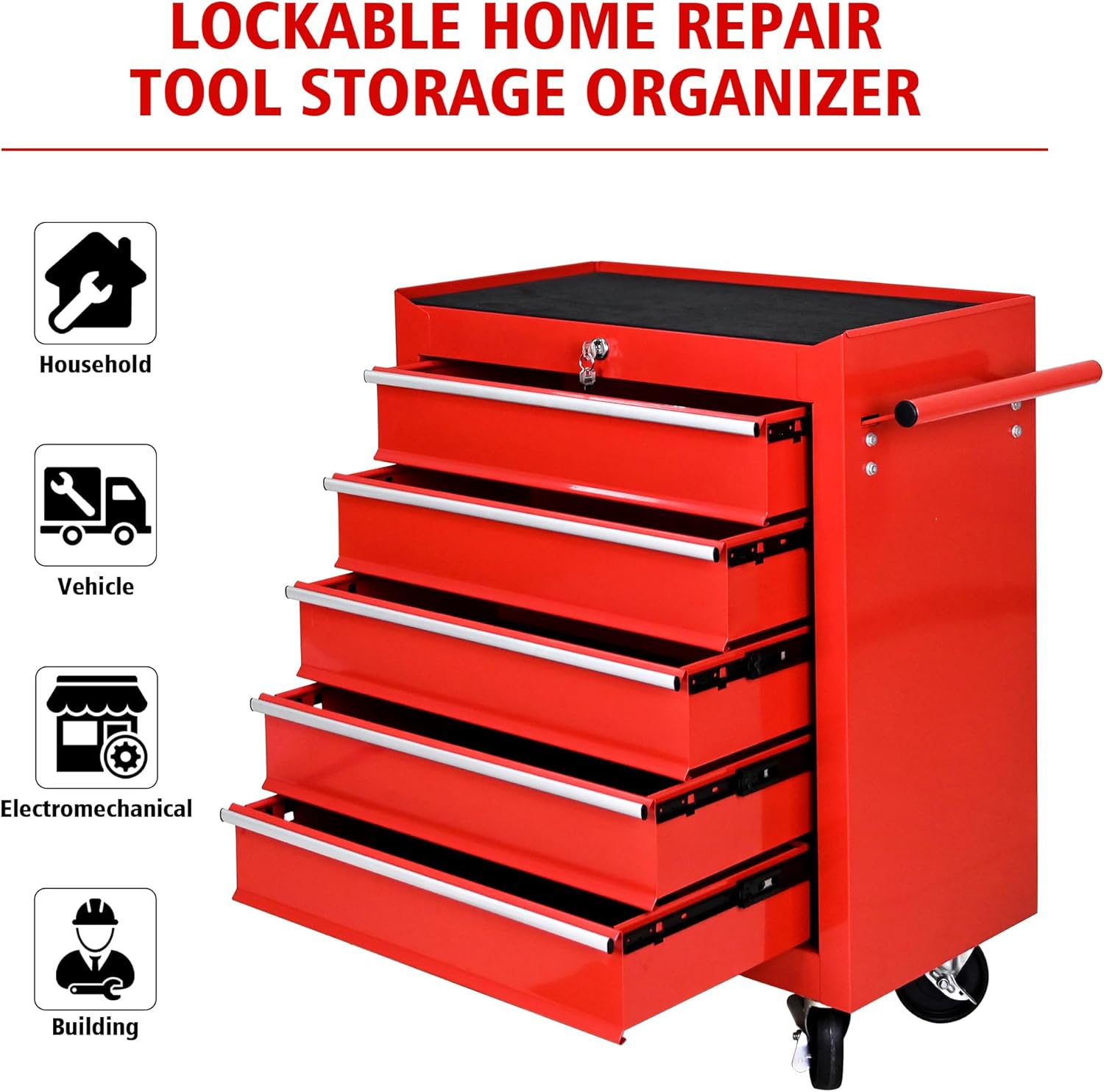 DSstyles Tool Chests, 5-Drawer Rolling Tool Storage Cabinet with Detachable Tray, Multi-Functional Handles, Adjustable Shelves, Secure Locking System, Heavy-Duty Wheels, Ideal for Garage, Workshop - Image 2