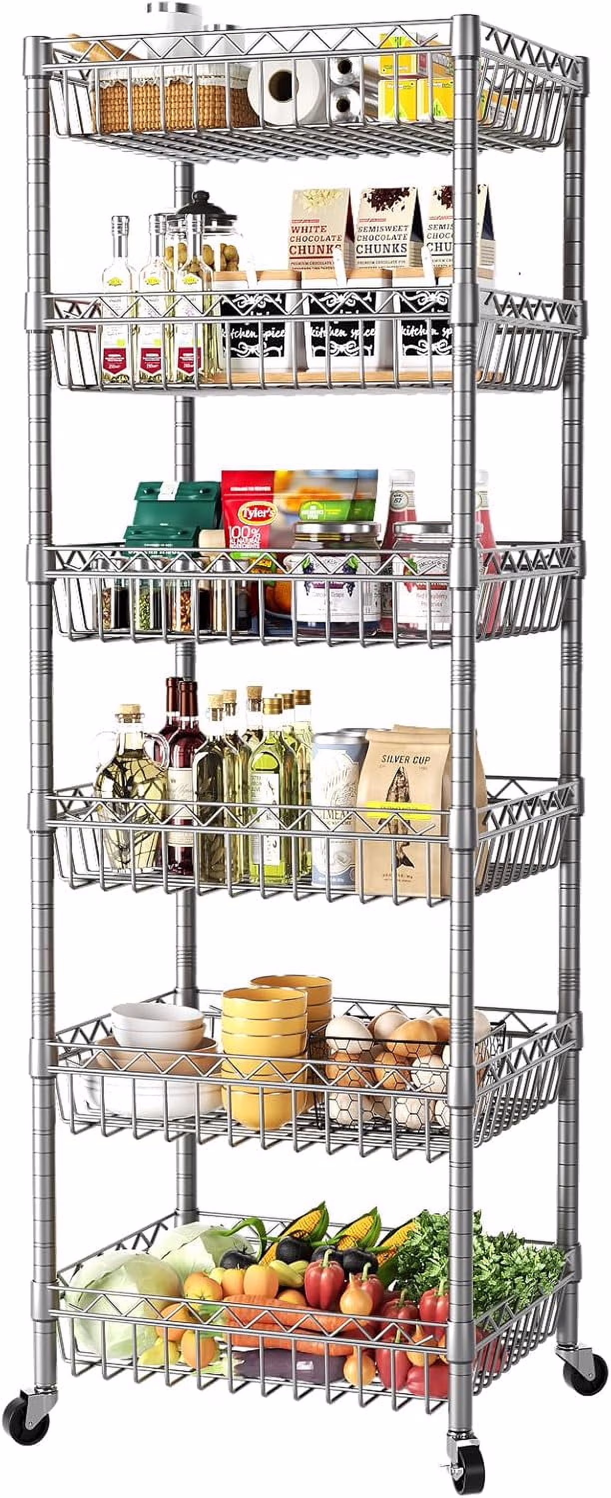6 Tier Wire Shelving Unit with Wheels Baskets Storage Rack Corner Shelves Adjustable Shelf Closet Bathroom Organizers Metal Pantry Kitchen Garage Laundry Room 13.5" D x 13.5" W x 63" H Silver - Image 2