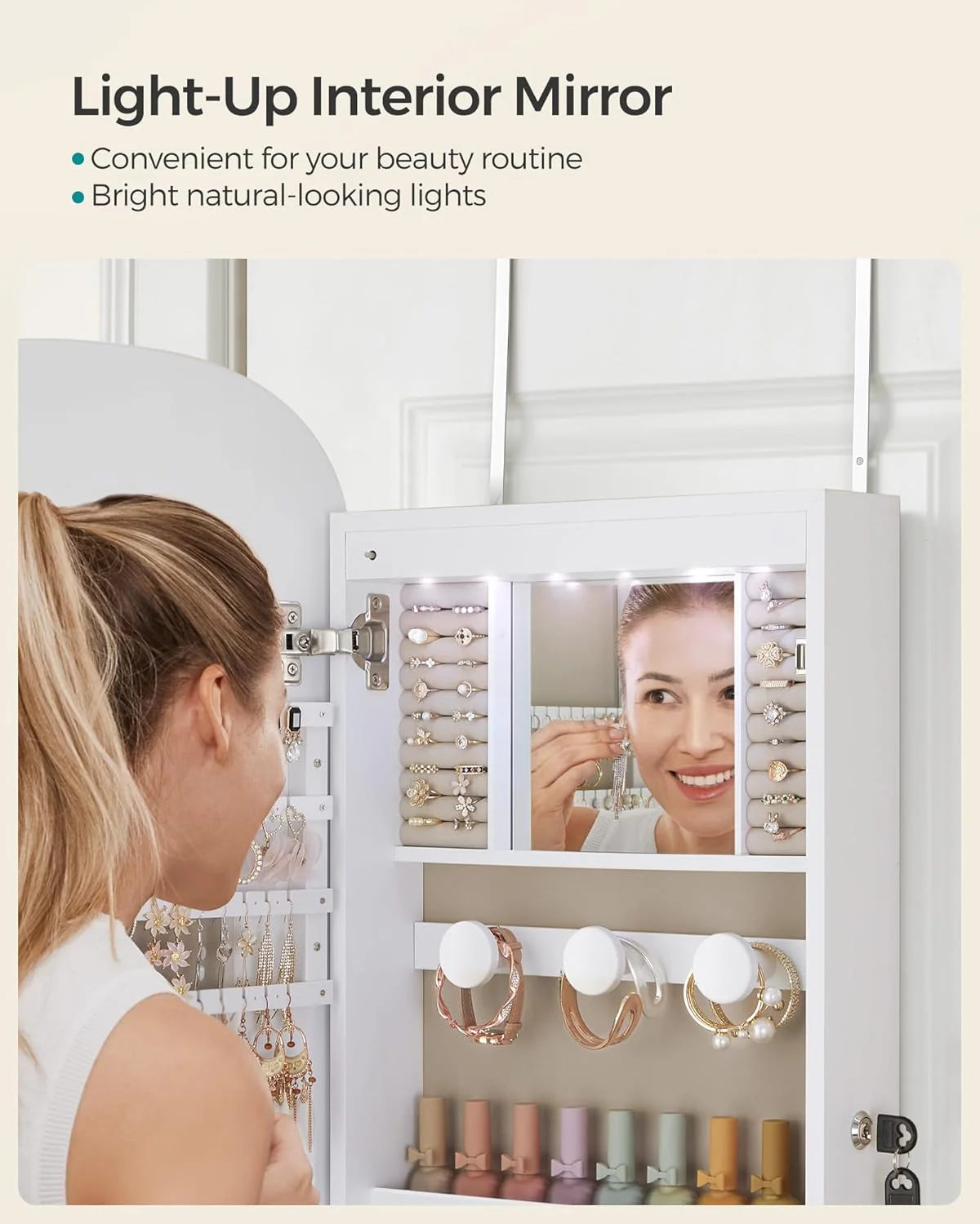 LED Jewelry Organizer Cabinet, Wall or Door Mounted Jewelry Storage Mirror with LED Lights - Image 8