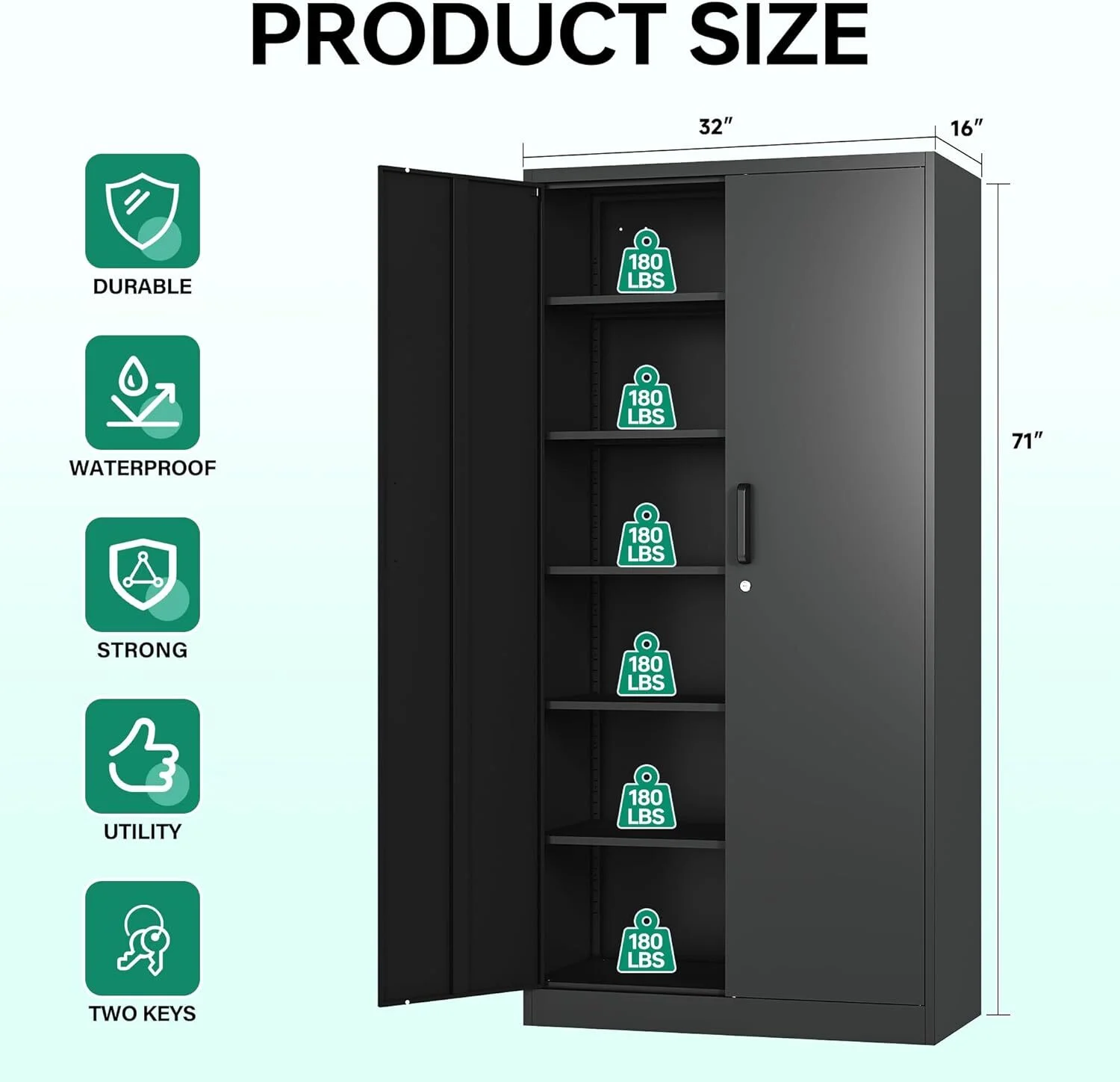 CQAOE 71" Metal Storage Cabinet with Lock, 5 Adjustable Shelves and 2 Doors, Steel Utility Cabinet for Garage, Office, Home, Gym, or School - Black - Image 2