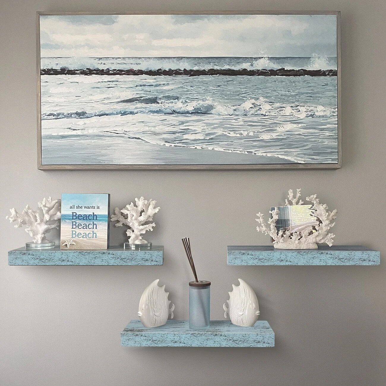 3-Pack Rustic Wood Floating Wall Shelves, Beach Style Hanging Display and Storage Shelves - Image 5