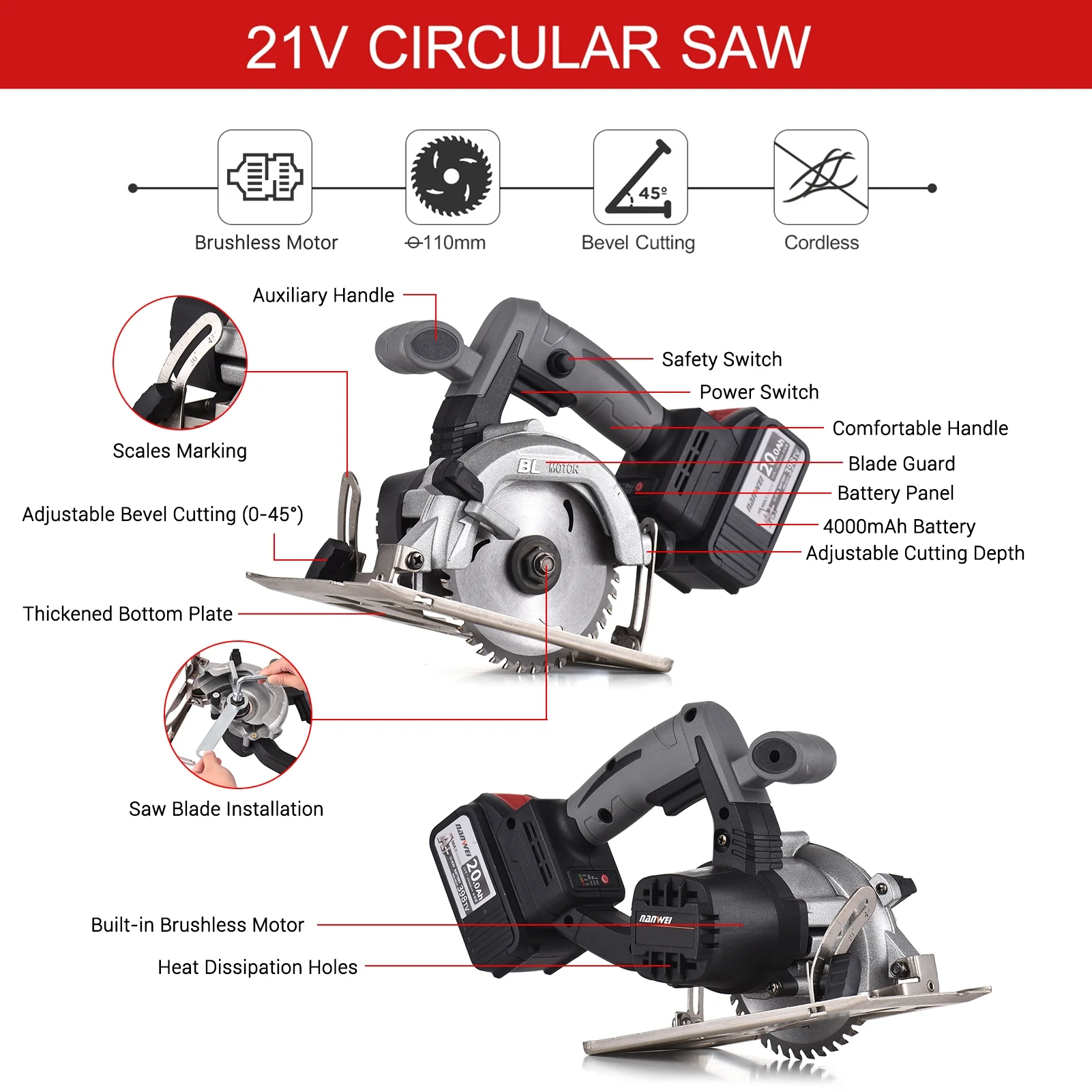 NANWEI Circular Saw Electric Saw 21V 7800RPM Cordless Brushless Tile Saw 45 Degree Adjustable Bevel Cutting with 110mm Blade - Image 7
