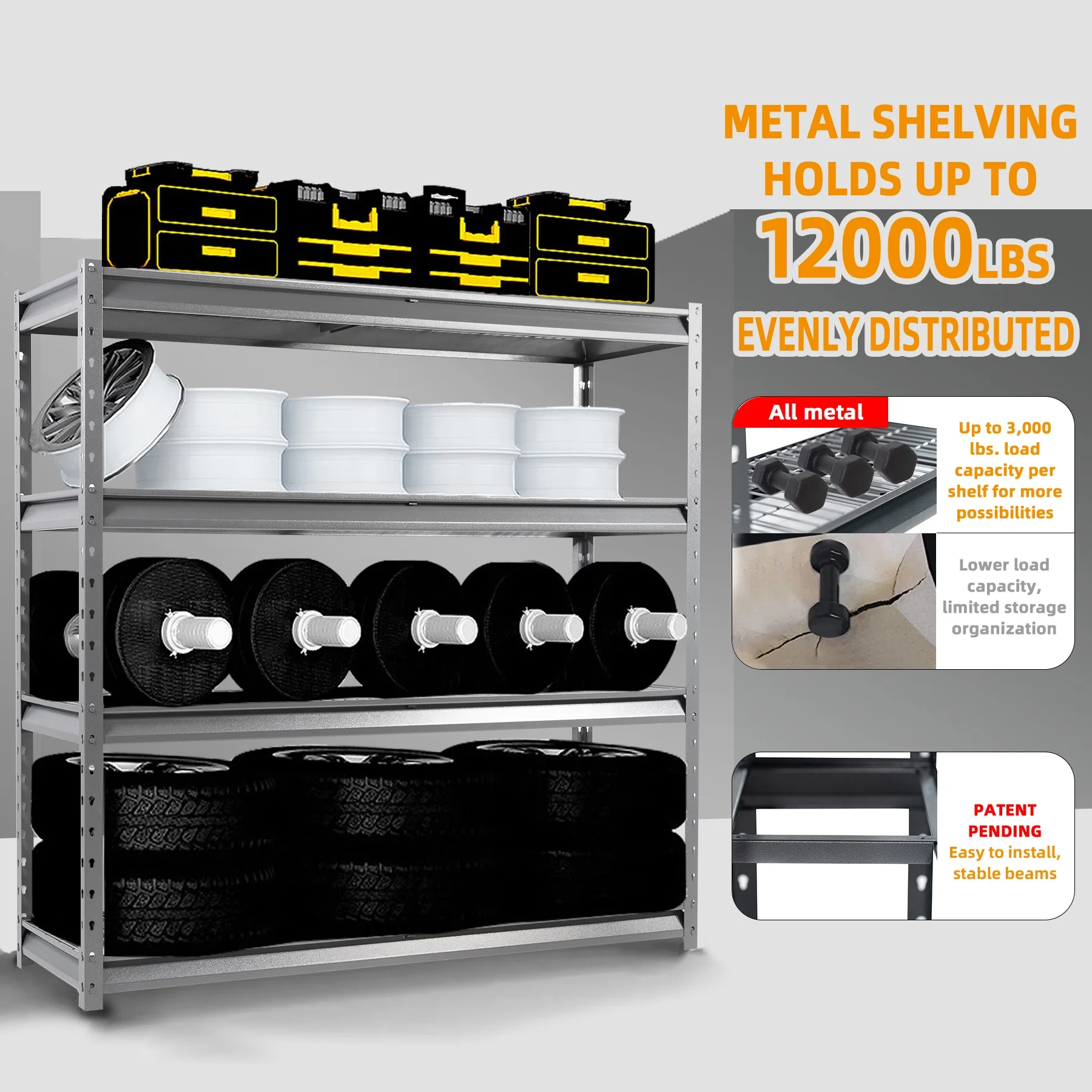 Shuntong The Atlas 12000LBS Garage Storage Shelves, 48"W Heavy Duty Metal Industrial Shelves, 4 Tier Adjustable Storage Rack for Warehouse Shop Basement,48"W x 24"D x 72"H, Black - Image 15