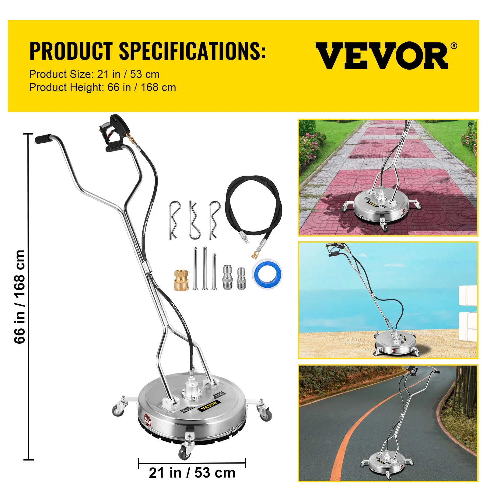 VEVOR 21" Surface Cleaner Pressure Flat Surface Cleaning 4000 PSI Max Working Pressure Flat Surface Cleaner Stainless Steel Rotating Surface Cleaner with 3 Nozzle Front Spray Bar - Image 2