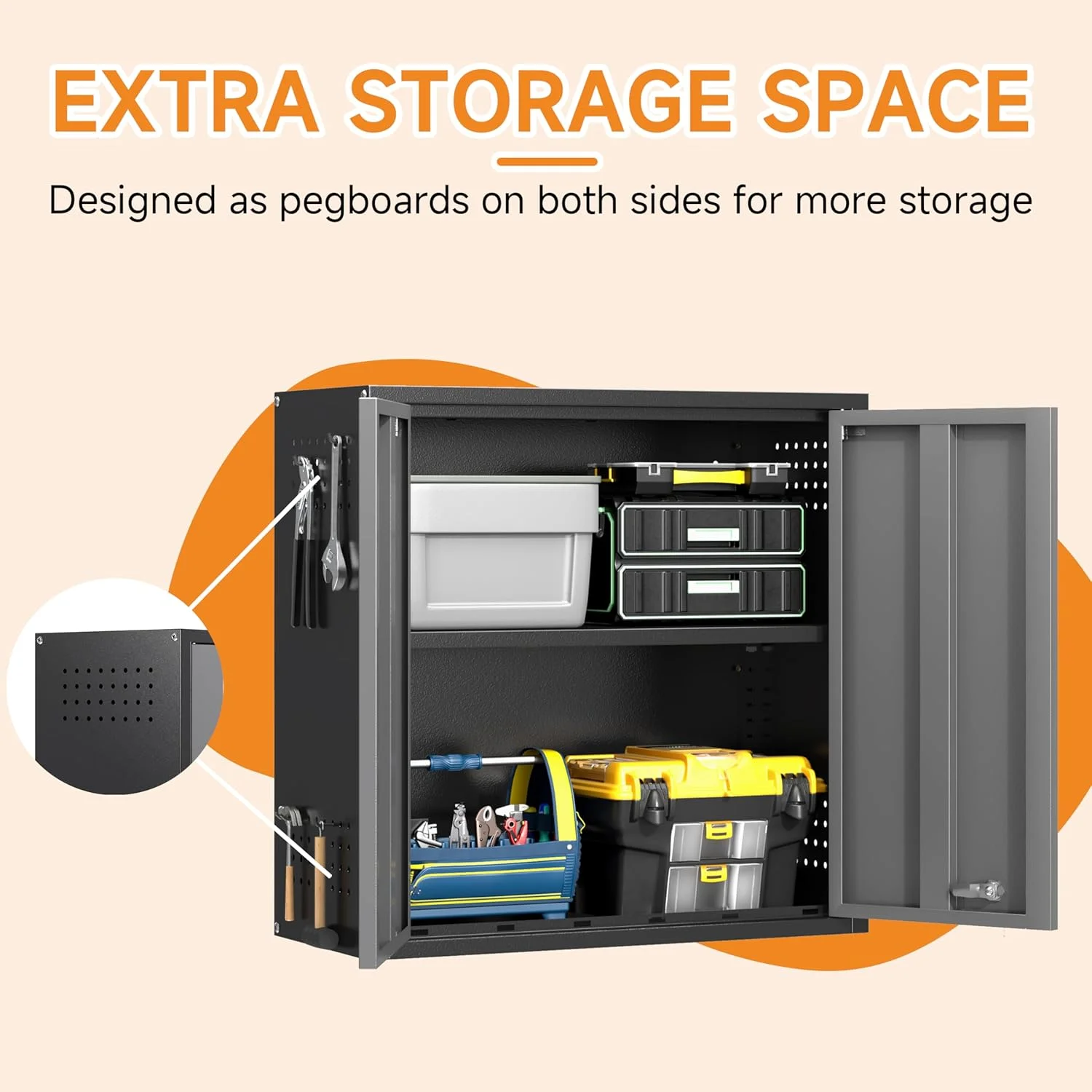 Metal Garage Wall Cabinet with Doors and Adjustable Shelf,Lockable Floating Tool Cabinet with Pegboard,Steel Storage Cabinet for Kitchen,Office,Garage,Laundry,Warehouse(Black&Gray, 26" H) - Image 6