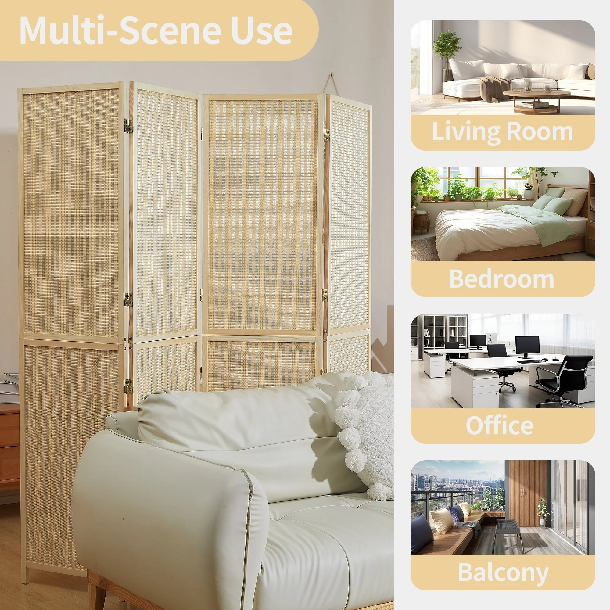 4-Panel Bamboo Folding Partition Screen 6FT Detachable Room Divider - Image 14